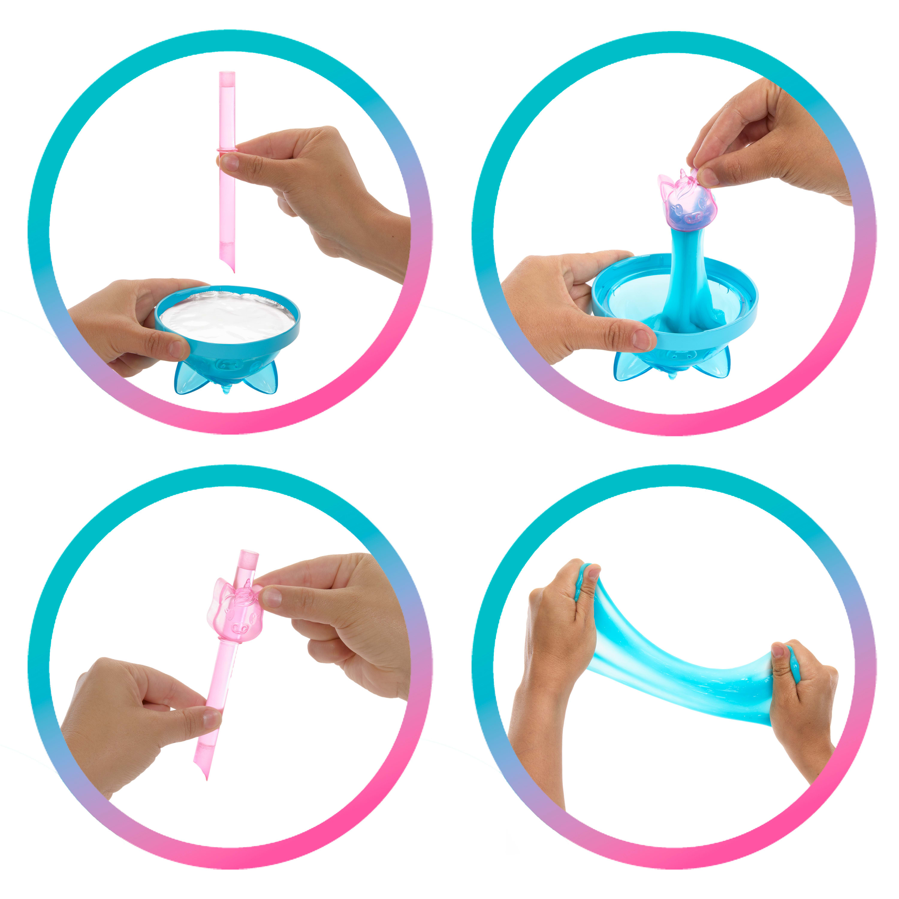 Cztery obrazy pokazujące kroki robienia glutów z lalką i akcesoriami.