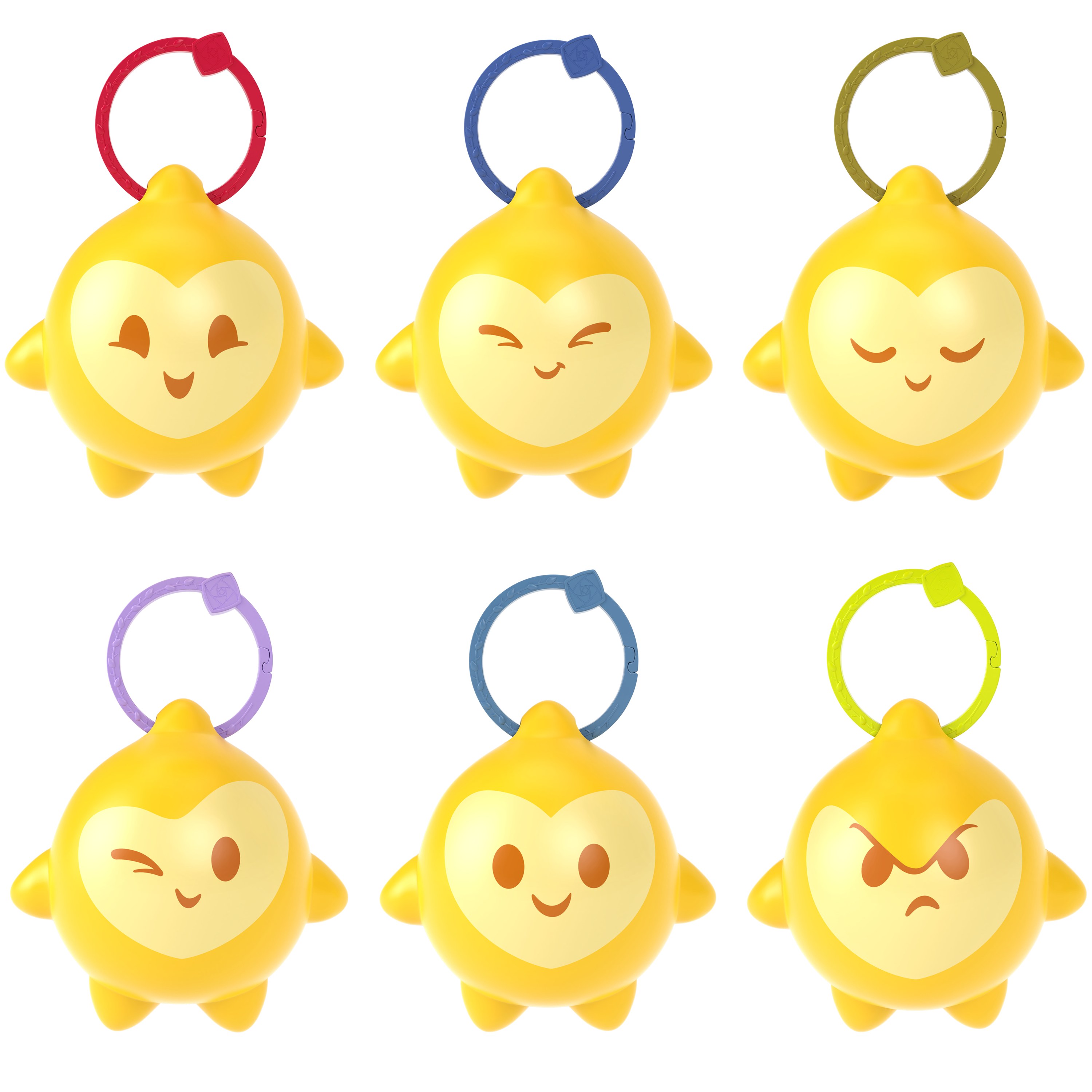 Sześć żółtych postaci zabawek z różnokolorowymi pierścieniami i wyrazami twarzy na białym tle.
