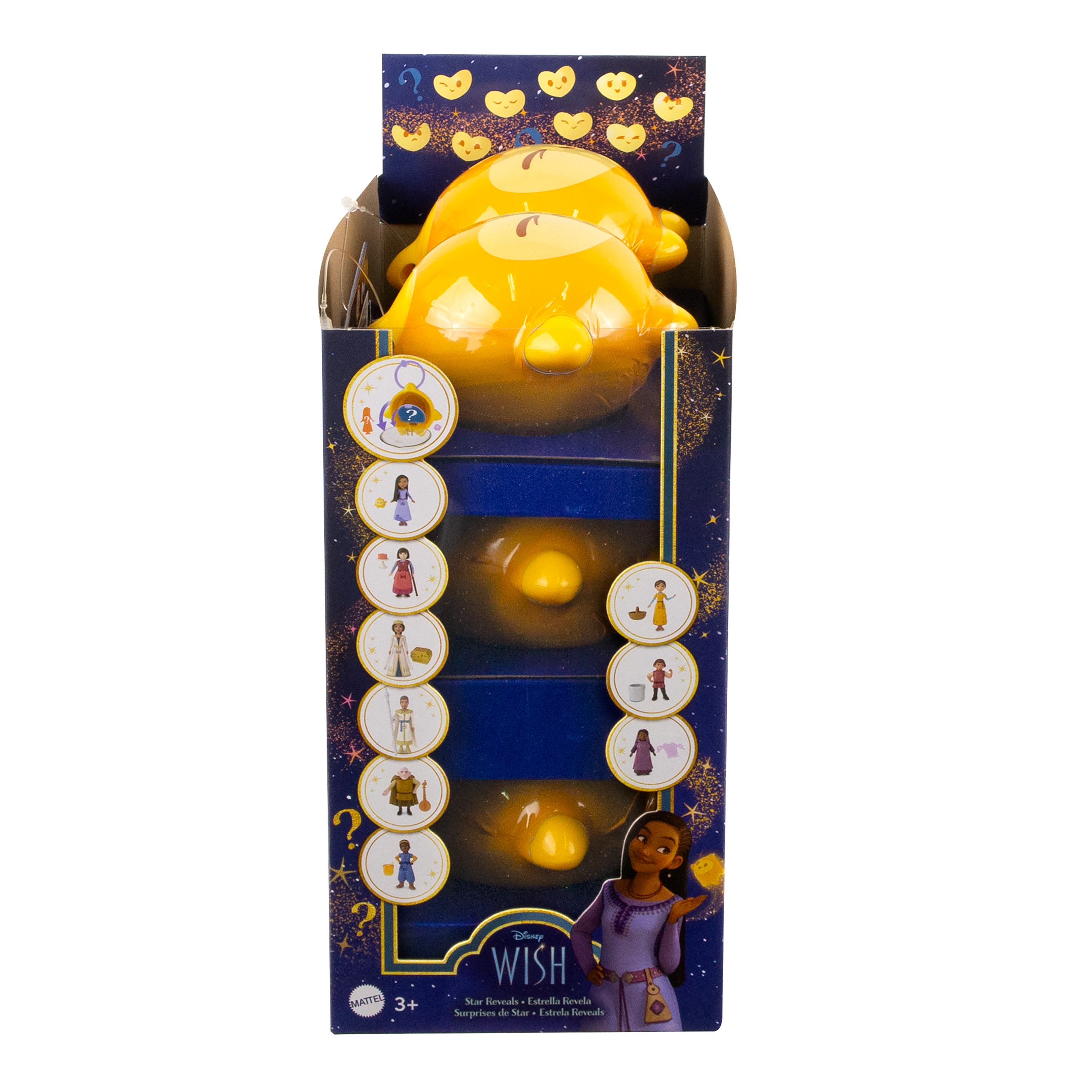 Pudełko z zabawkami Disney Wish. W środku znajdują się żółte zabawki. Na pudełku są zdjęcia postaci.