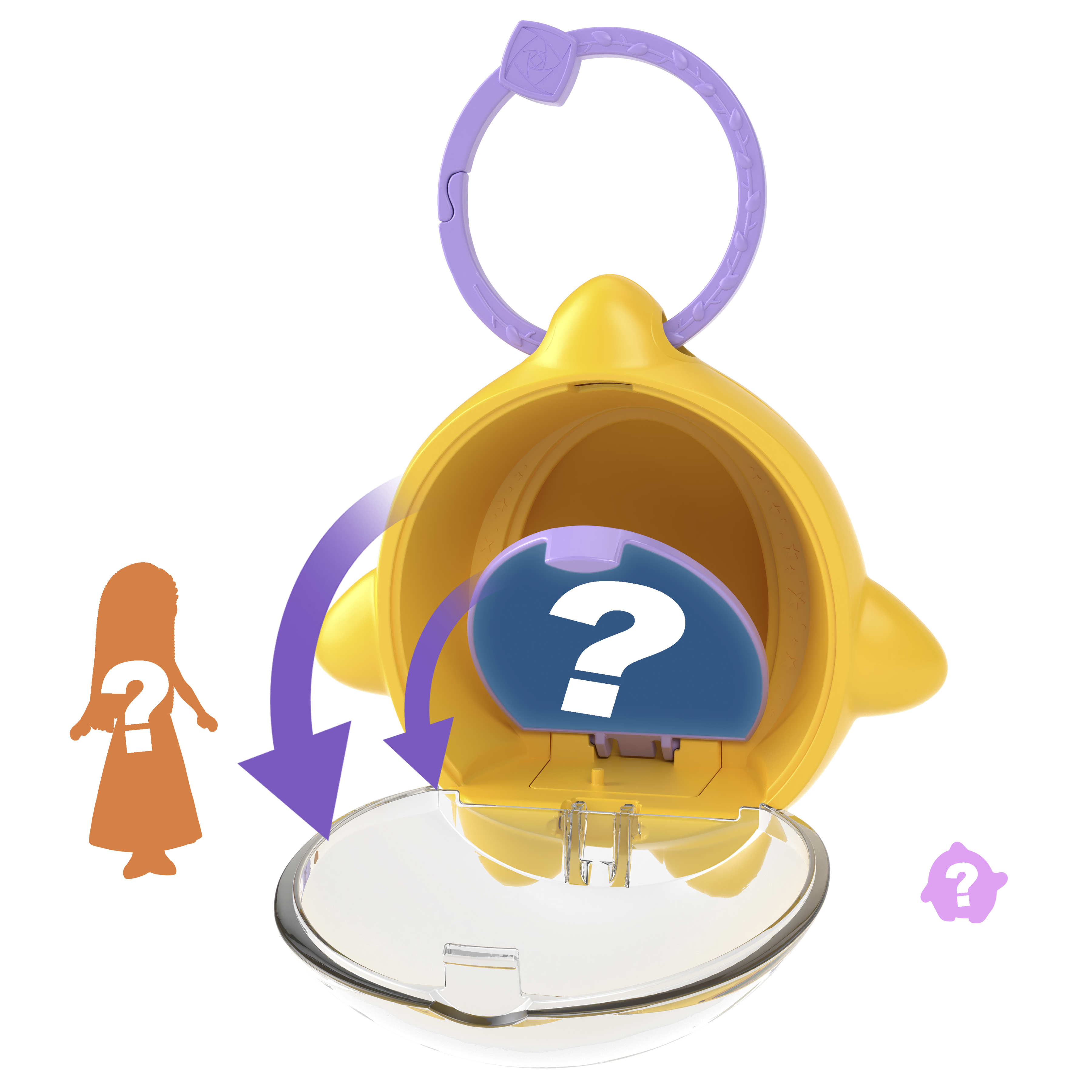 Żółta zabawka ze znakiem zapytania na pokrywie, z sylwetką dziewczyny i znakiem zapytania.