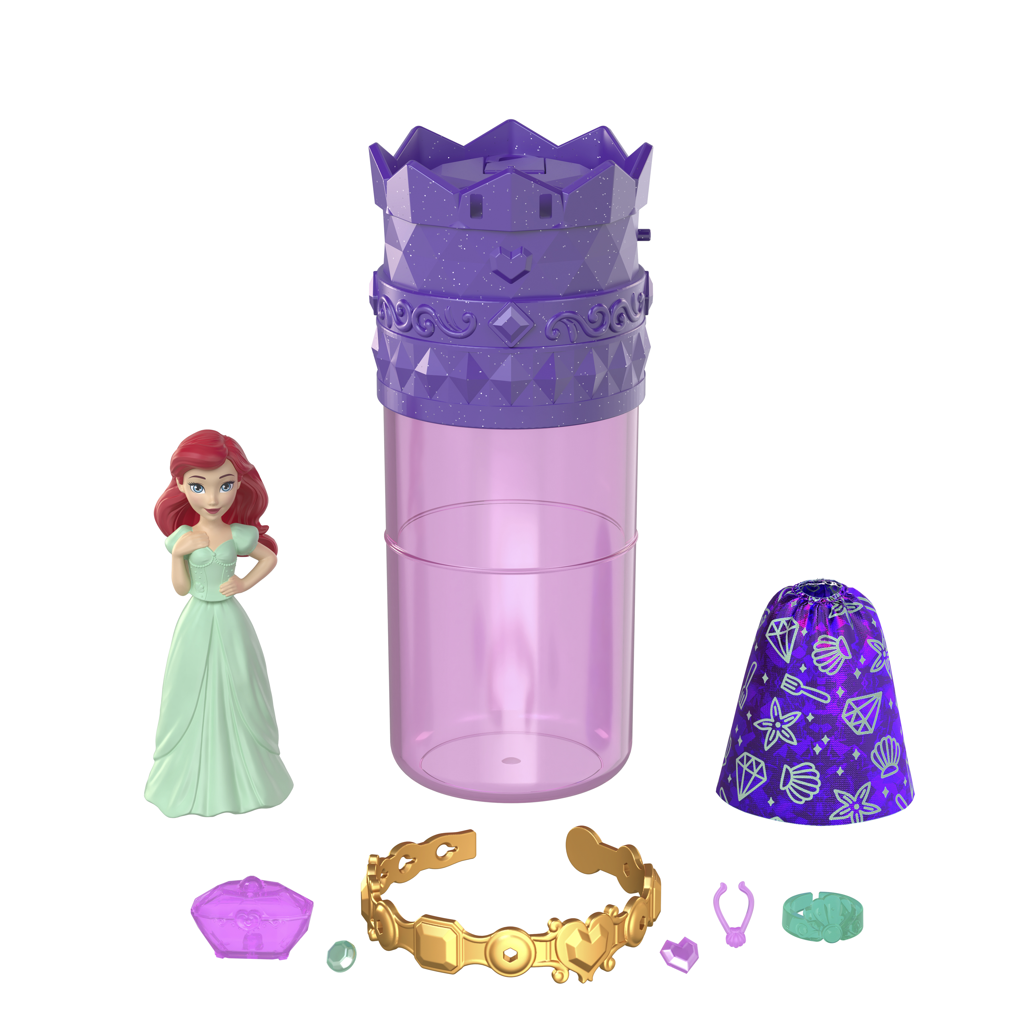 Ariel-Puppe und Zubehör aus einem Disney-Prinzessinnen-Spielzeug. Enthält eine Krone, ein Armband und andere Gegenstände.