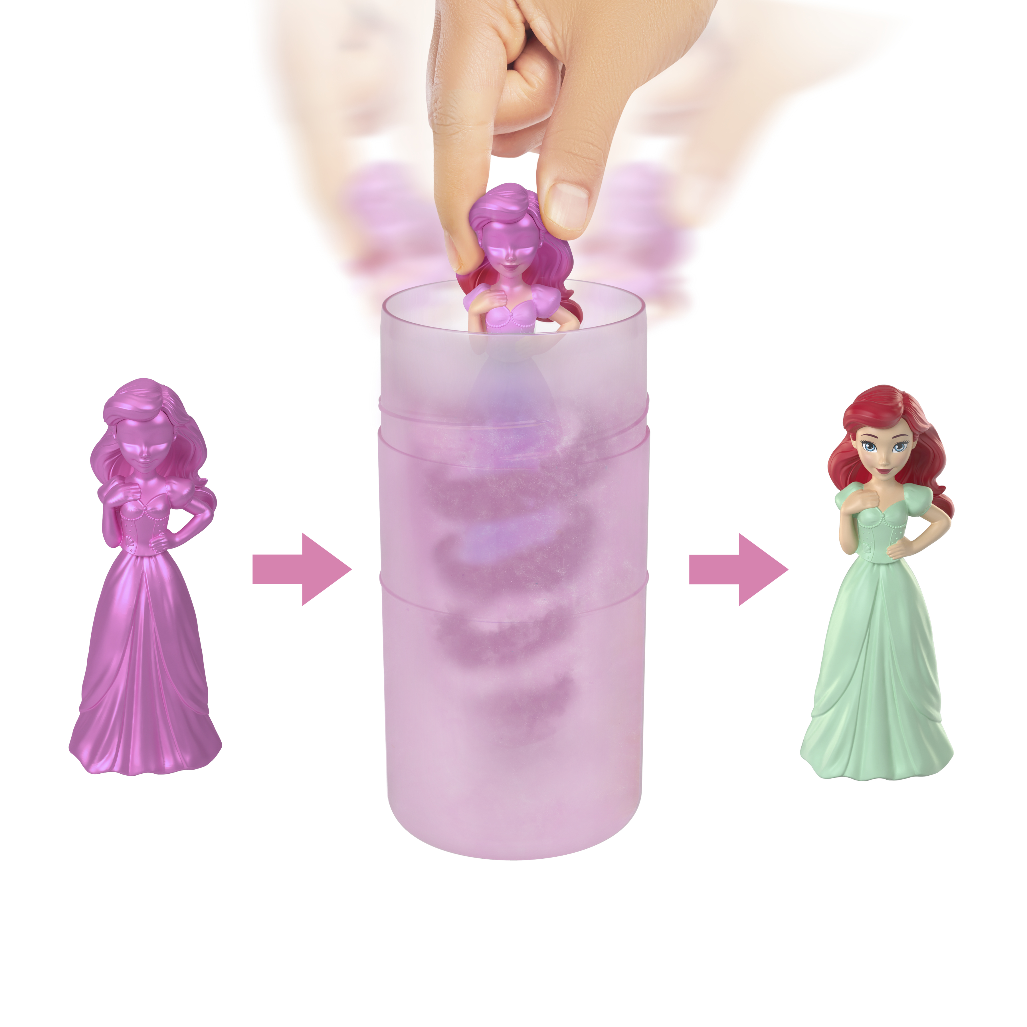 Arielle-Puppe Transformationssequenz. Von einer rosa Figur zu einem grünen Kleid. Eine klare Röhre.