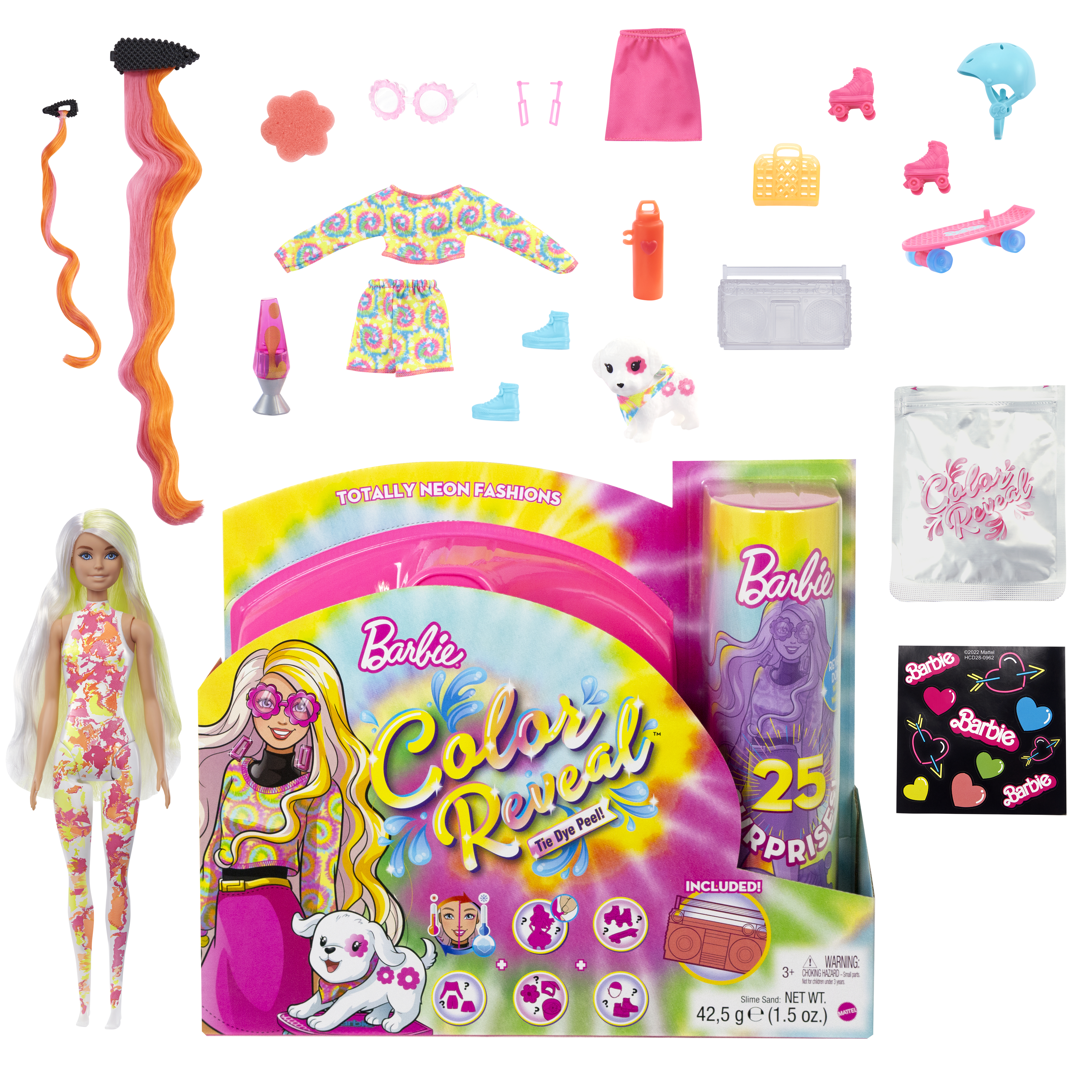 Zestaw Barbie Color Reveal z lalką, akcesoriami i opakowaniem. Różne zabawki i ubrania. Różowy motyw.