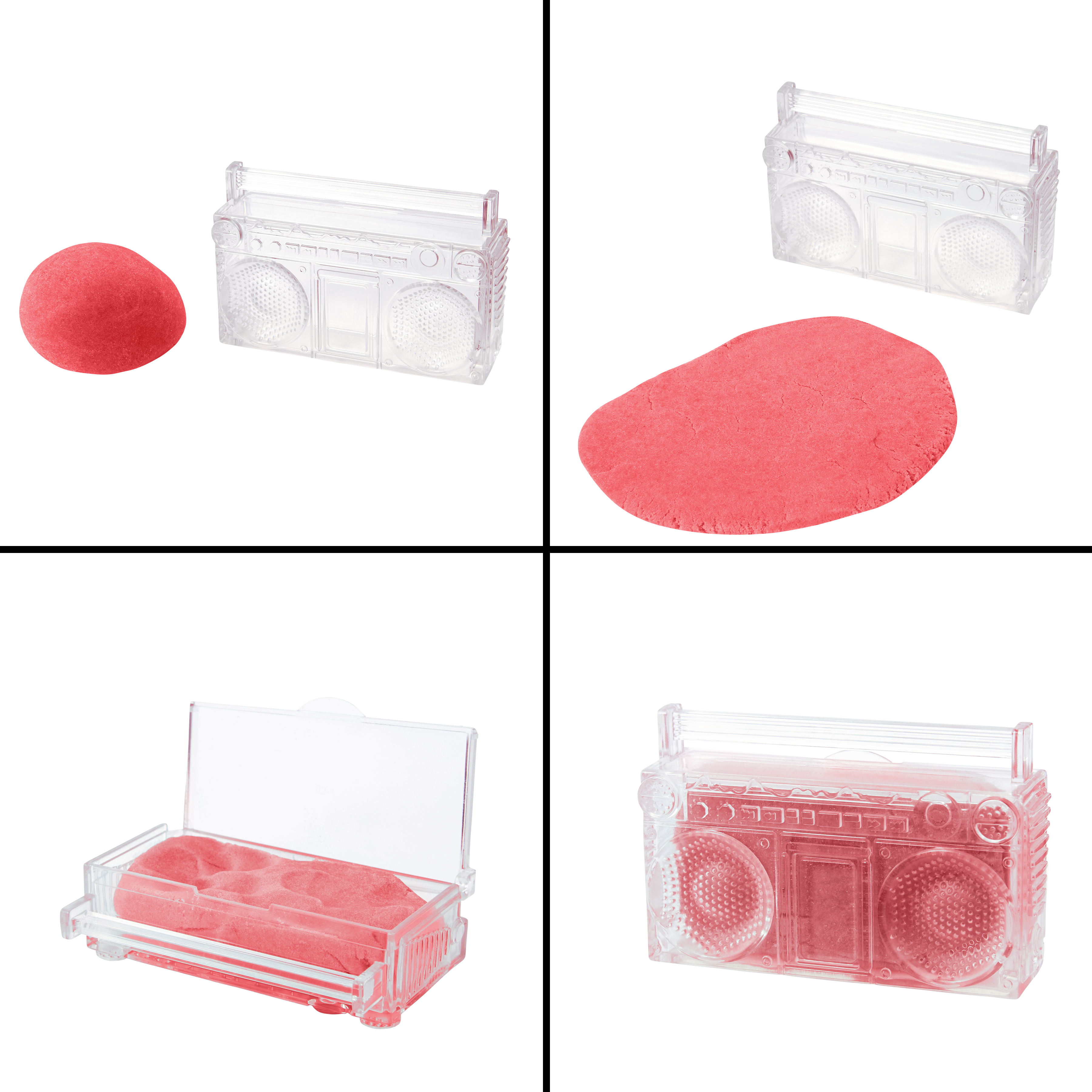 Cztery obrazy z przezroczystym pojemnikiem w kształcie boomboxa z różową plasteliną i różowym kształtem.