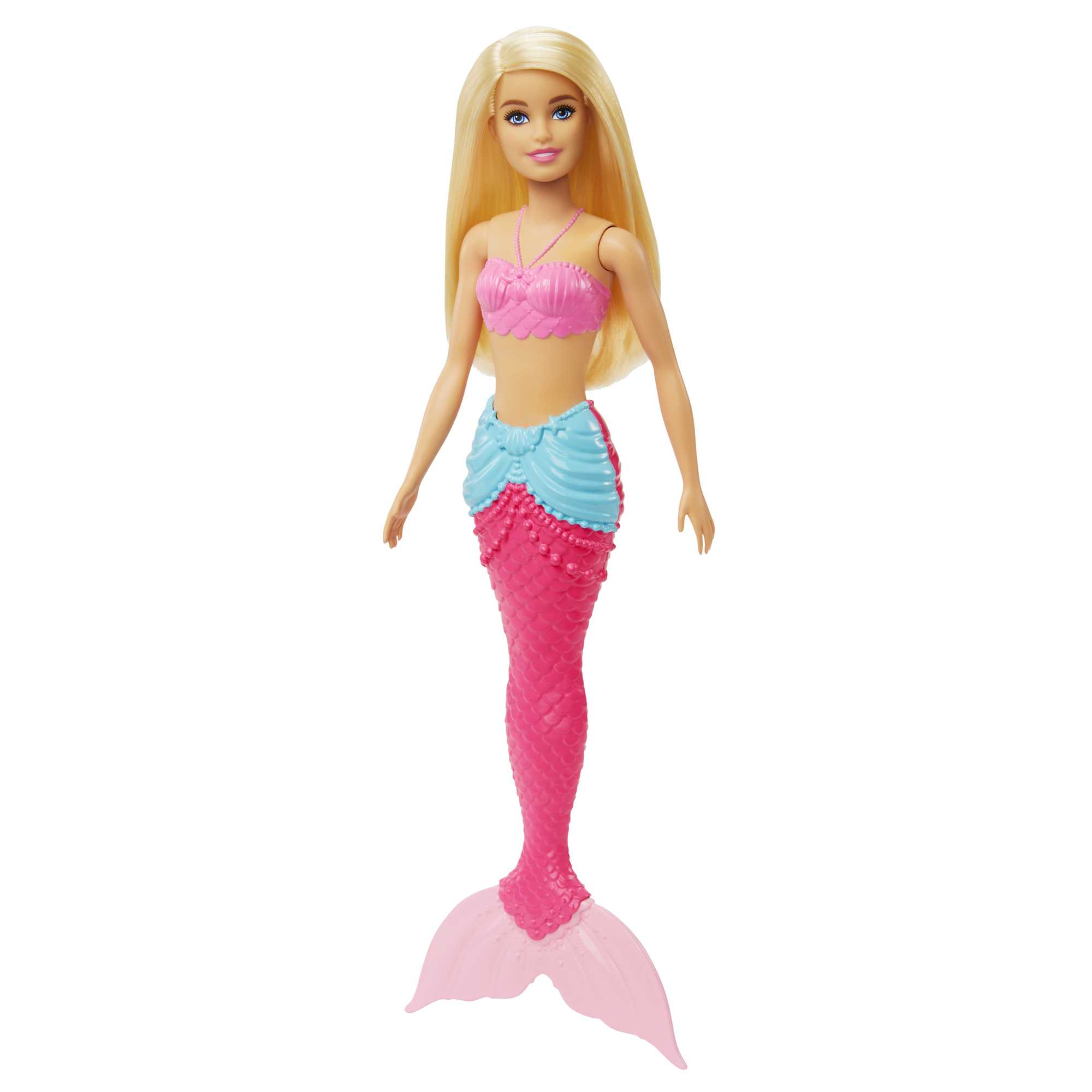 Blondhaarige Meerjungfrau-Barbie-Puppe mit rosa Oberteil, blauem Rock und rosa Meerjungfrauenschwanz.