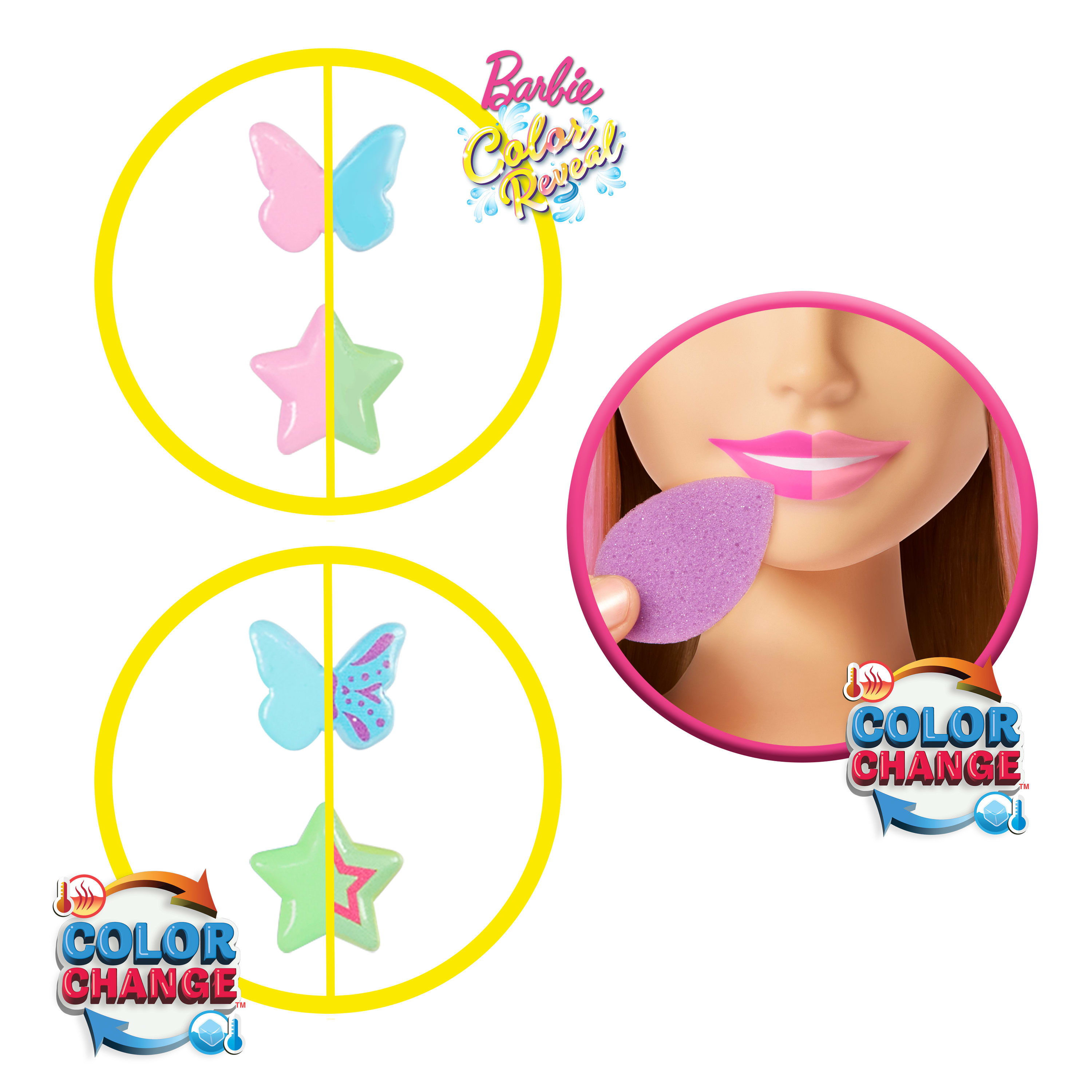 Części Barbie Color Reveal. Zmiana kolorów na motylu, gwieździe i twarzy z szminką.