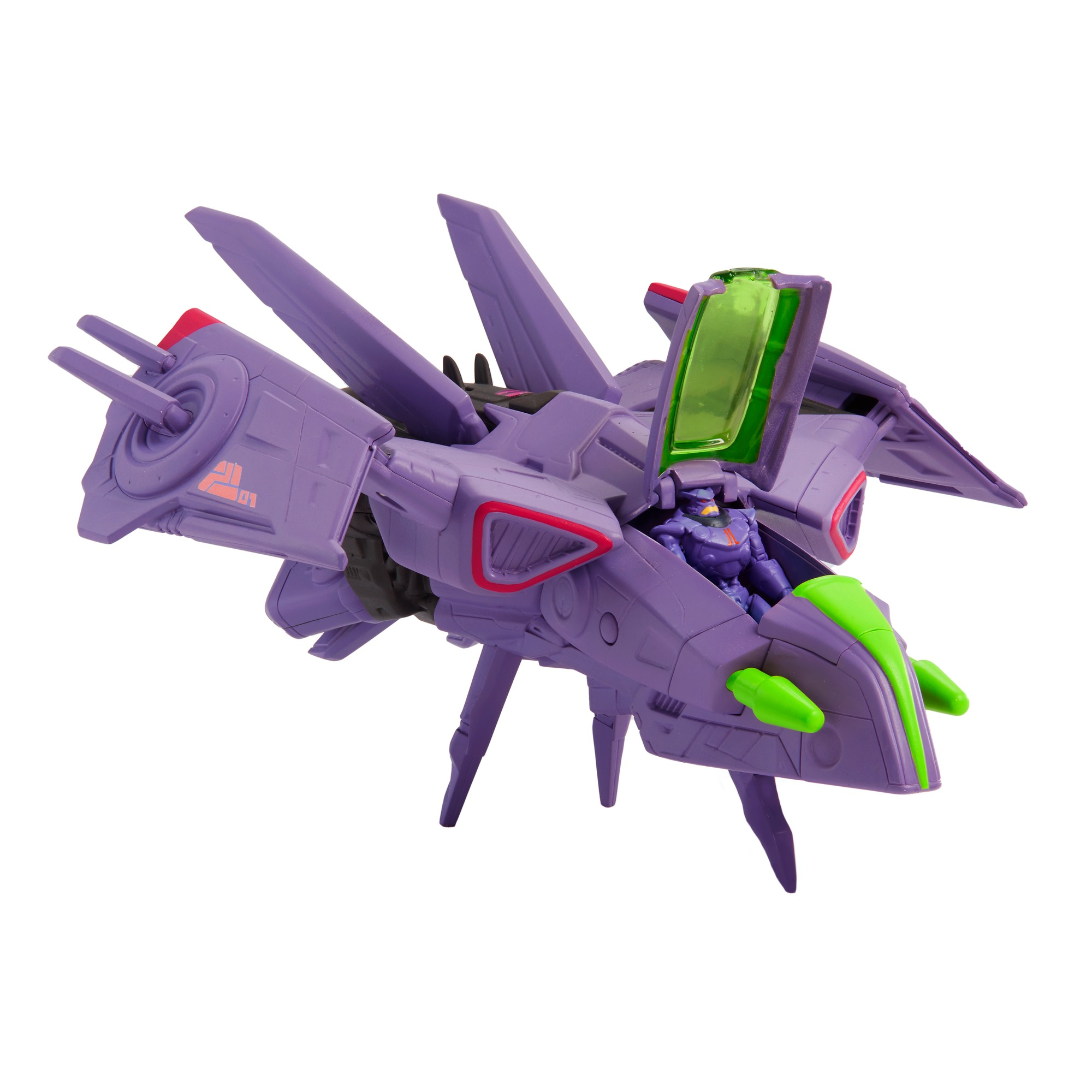 Zabawkowa rakieta Lightyear z pilotem w środku. Fioletowa, zielona i czerwona.