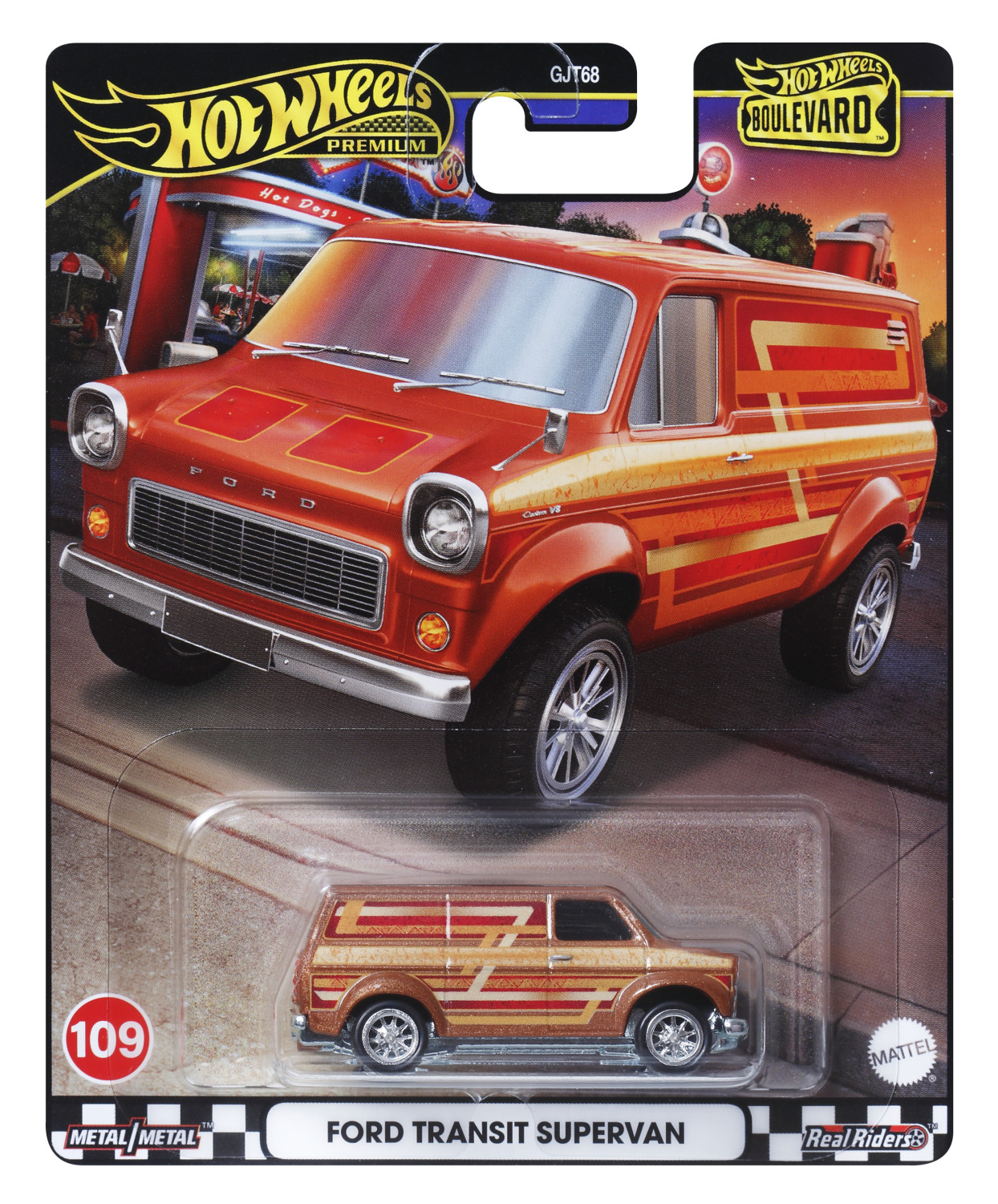 Samochód Hot Wheels w opakowaniu. To czerwono-pomarańczowy Ford Transit Supervan, z samochodem na dole.