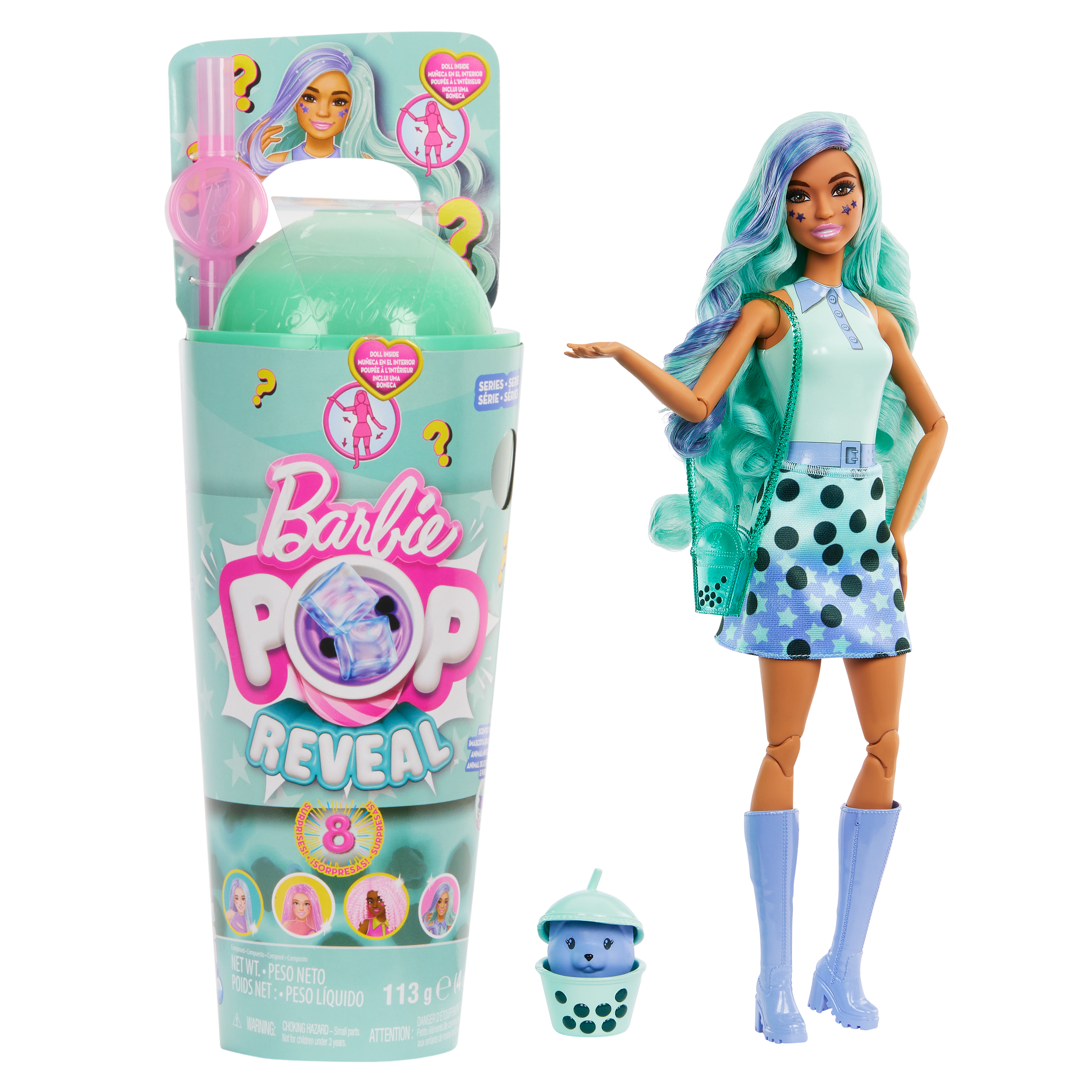 Zestaw zabawek Barbie Pop Reveal. Zawiera lalkę i akcesoria. Białe tło.
