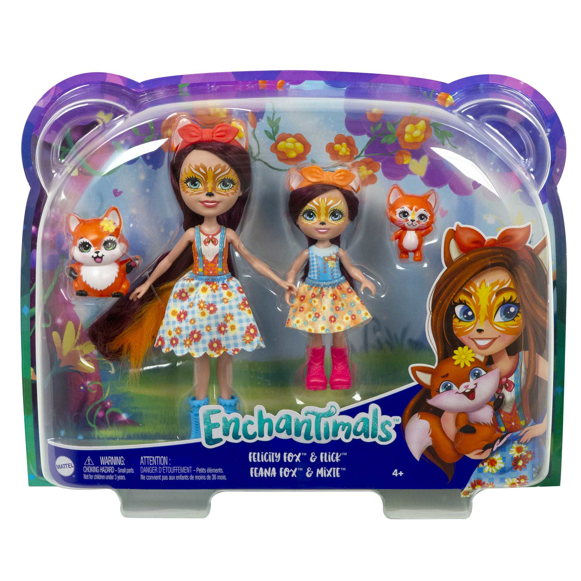 Ein Spielzeugset mit zwei Puppen und Spielzeugfüchsen, verpackt in klarem Kunststoff. Blumen im Hintergrund.