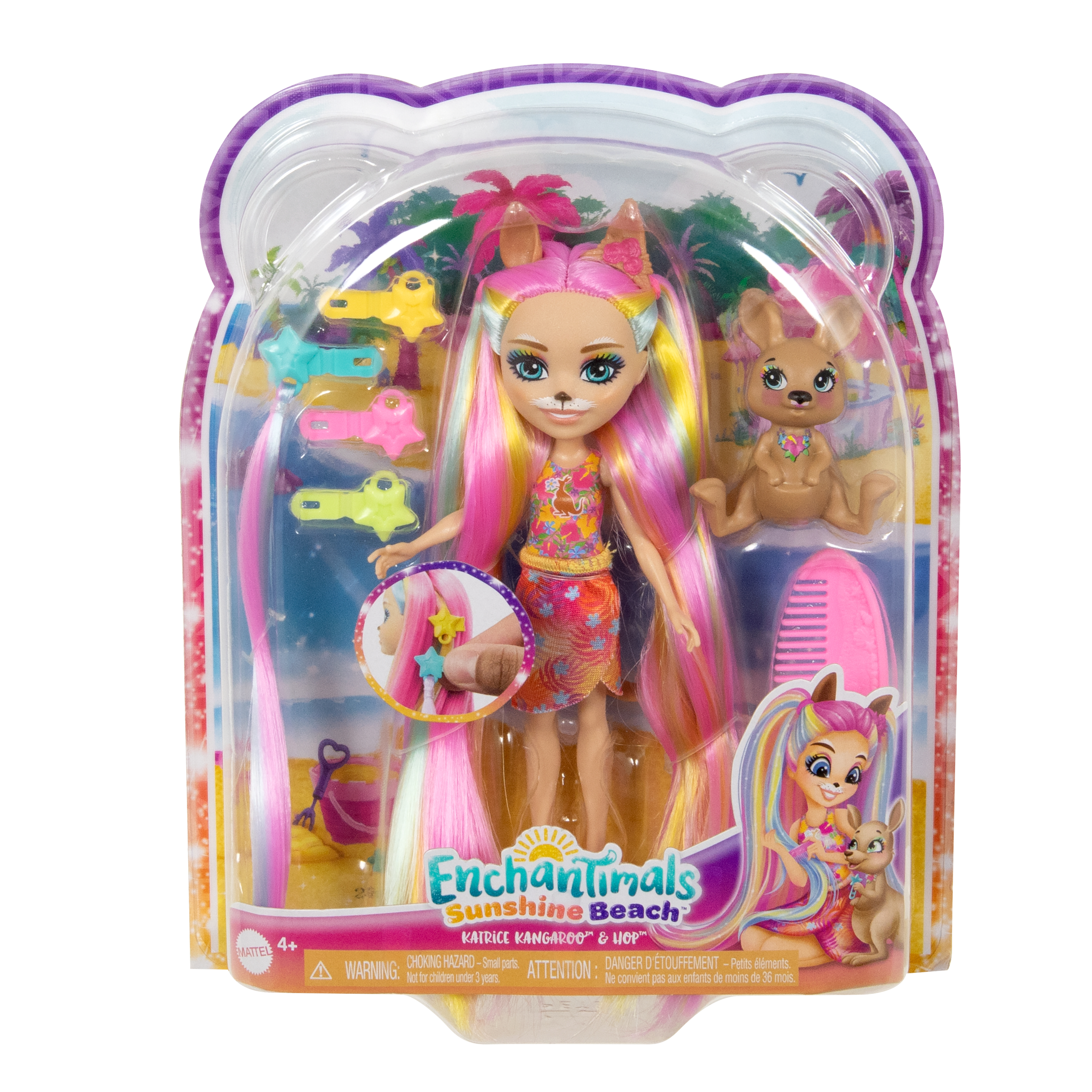 Muñeca Enchantimals en paquete. La muñeca es temática de canguro. Fondo blanco.
