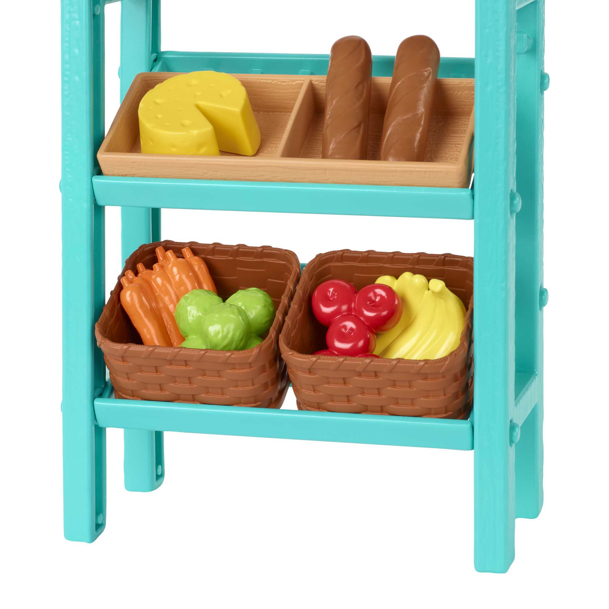 Zabawkowy stragan spożywczy z produktami: serem, chlebem, marchewką, jabłkami, wiśniami i bananami.