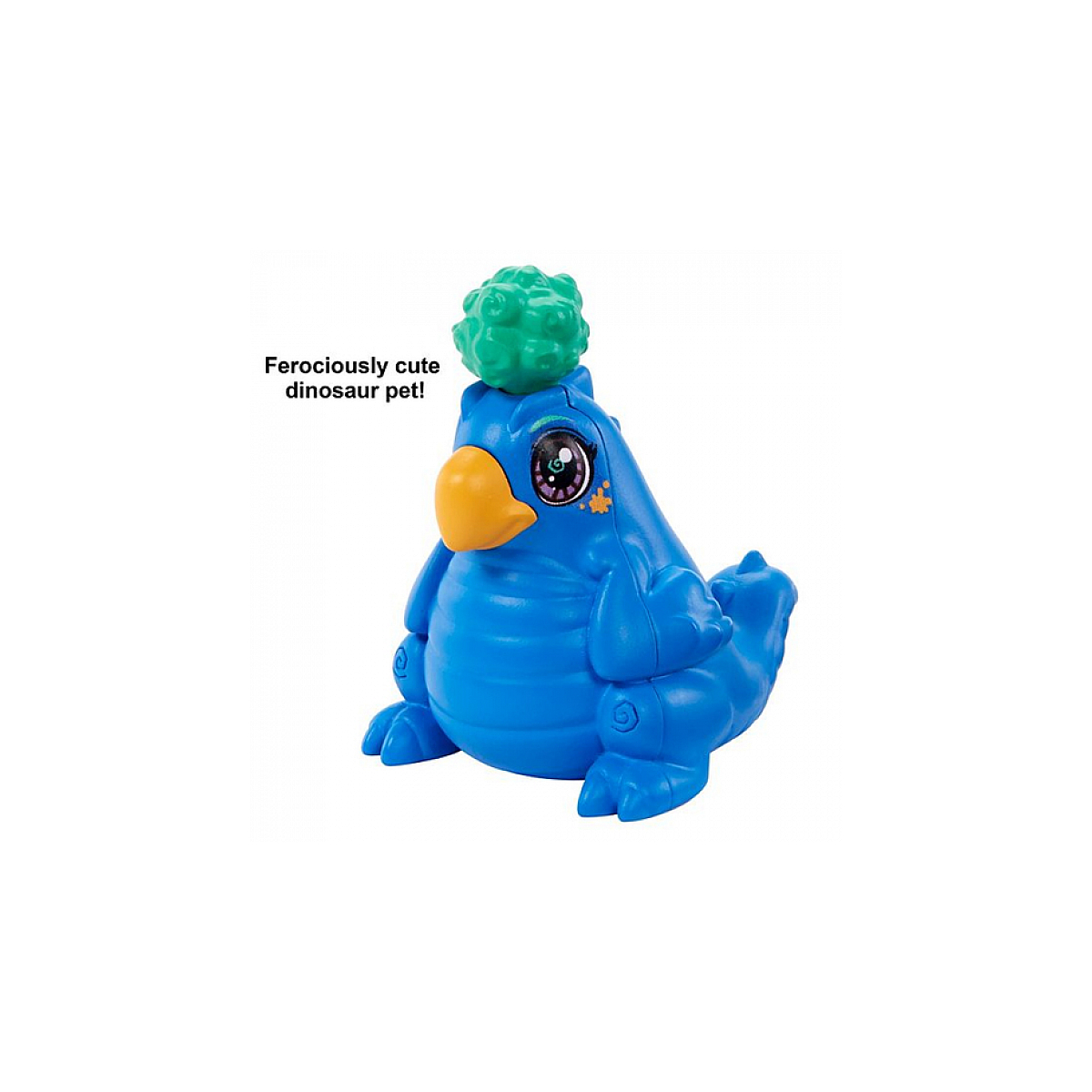Niebieska zabawka przypominająca dinozaura z zieloną głową. Białe tło.