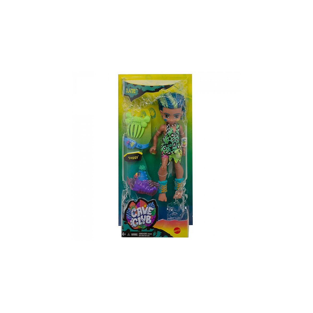 Lalka Cave Club w opakowaniu, z akcesoriami. Lalka ma niebieskie włosy i strój w panterkę.