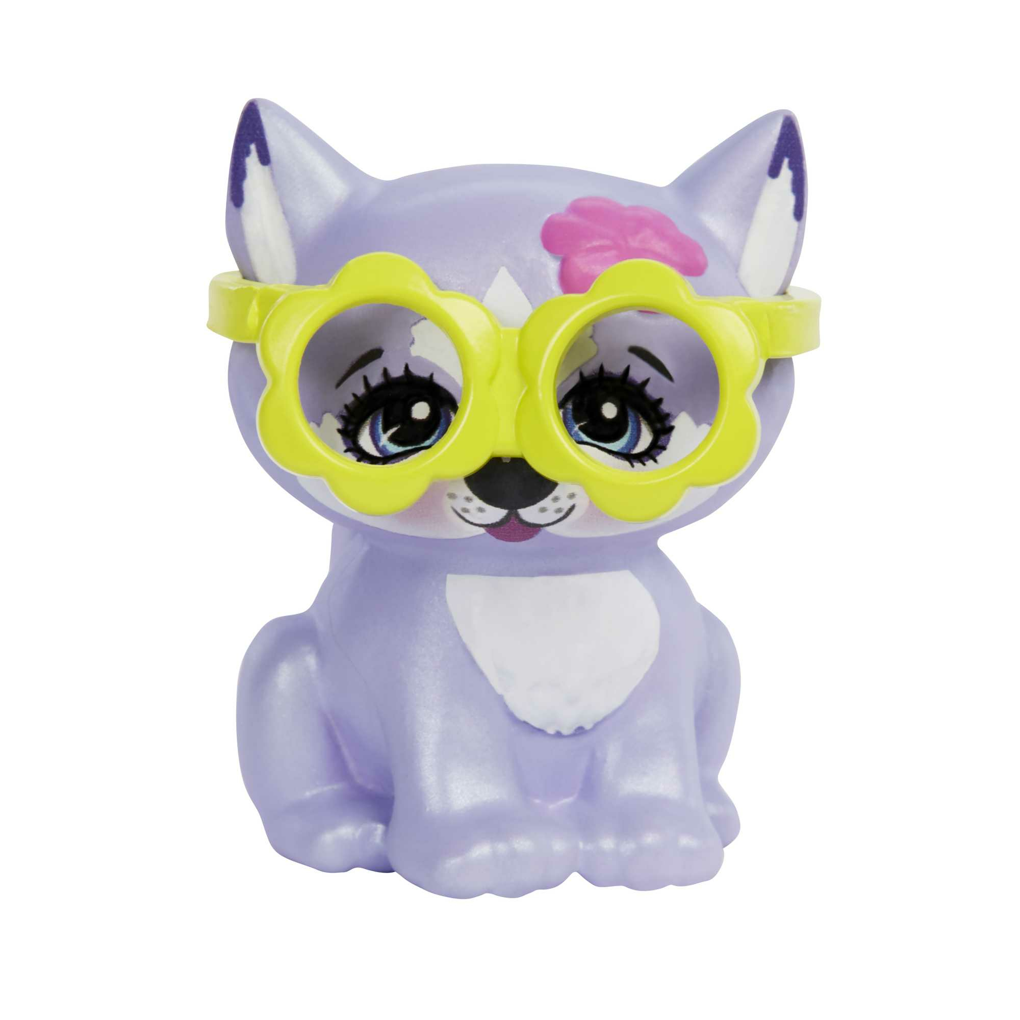 Ein lila Katzenspielzeug mit gelber Brille und einer rosa Blume auf dem Kopf.