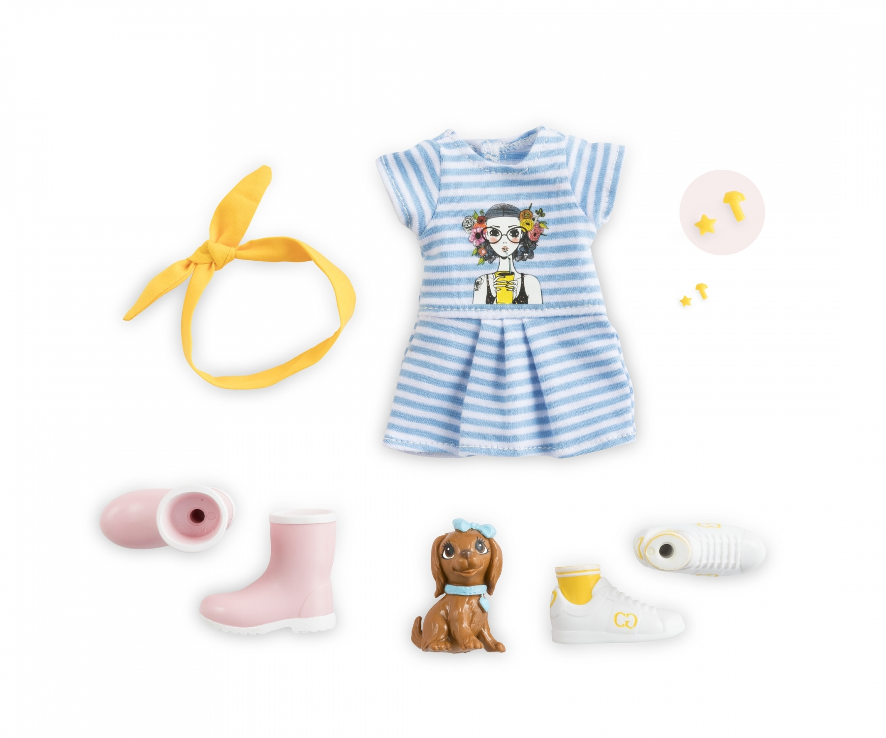 Kleid, Stiefel, Schuhe, Stirnband, Hund und Sterne der Puppe. Weißer Hintergrund.