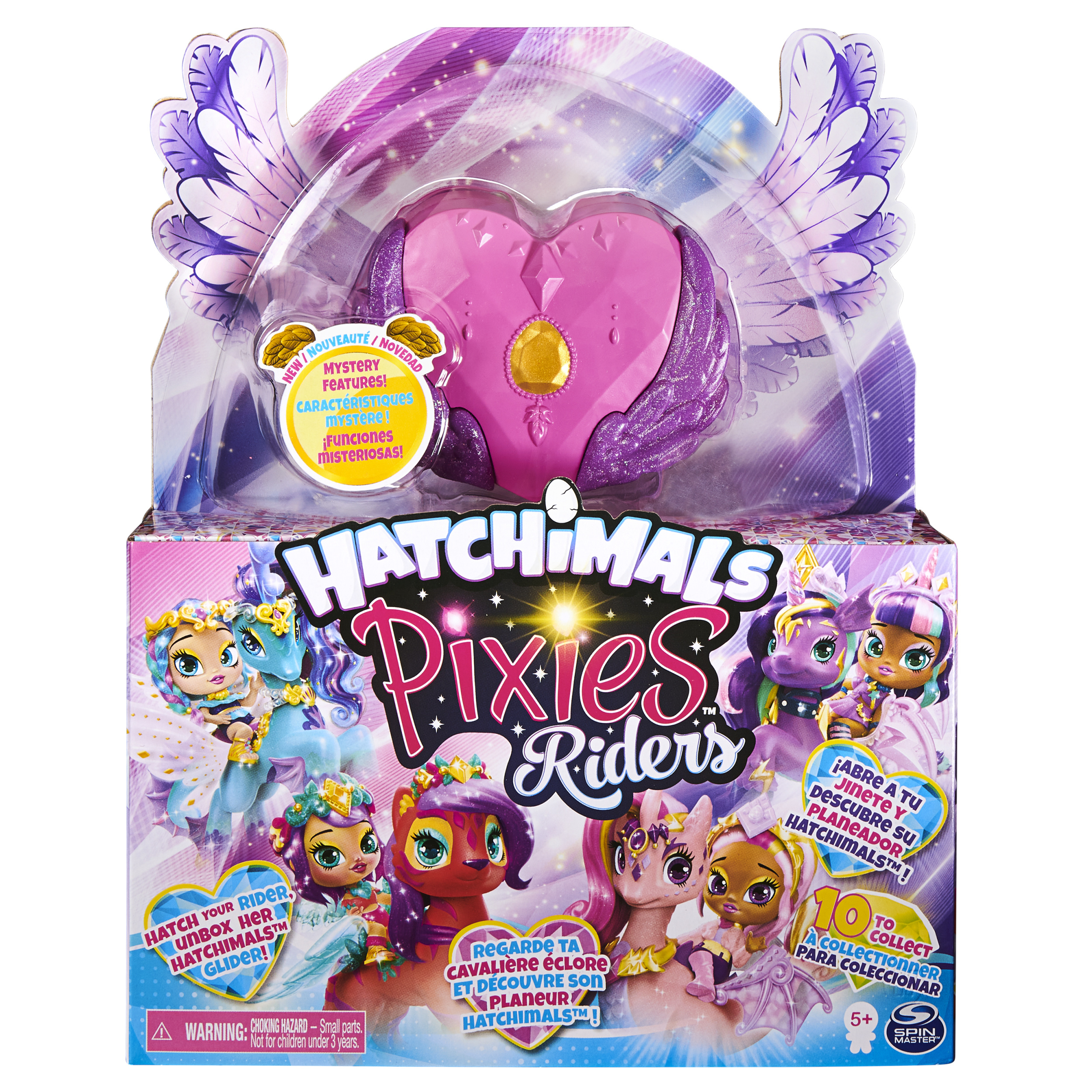 Set de caja Hatchimals Pixies Riders. Contiene muñecas, alas y una caja en forma de corazón con texto.
