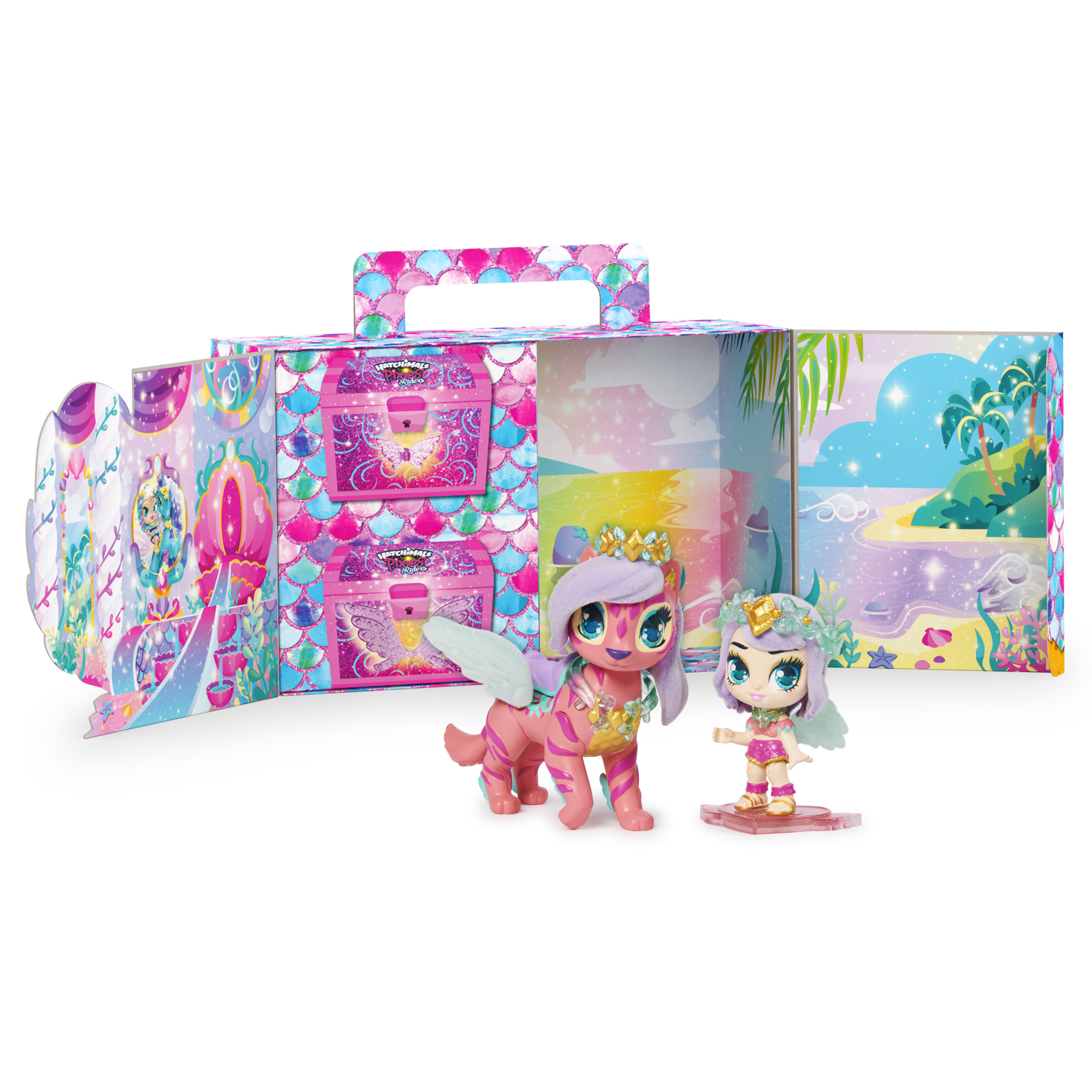 Dos figuras de juguete en una caja. Una es una criatura alada y la otra es una muñeca de hadas. Fondo colorido.