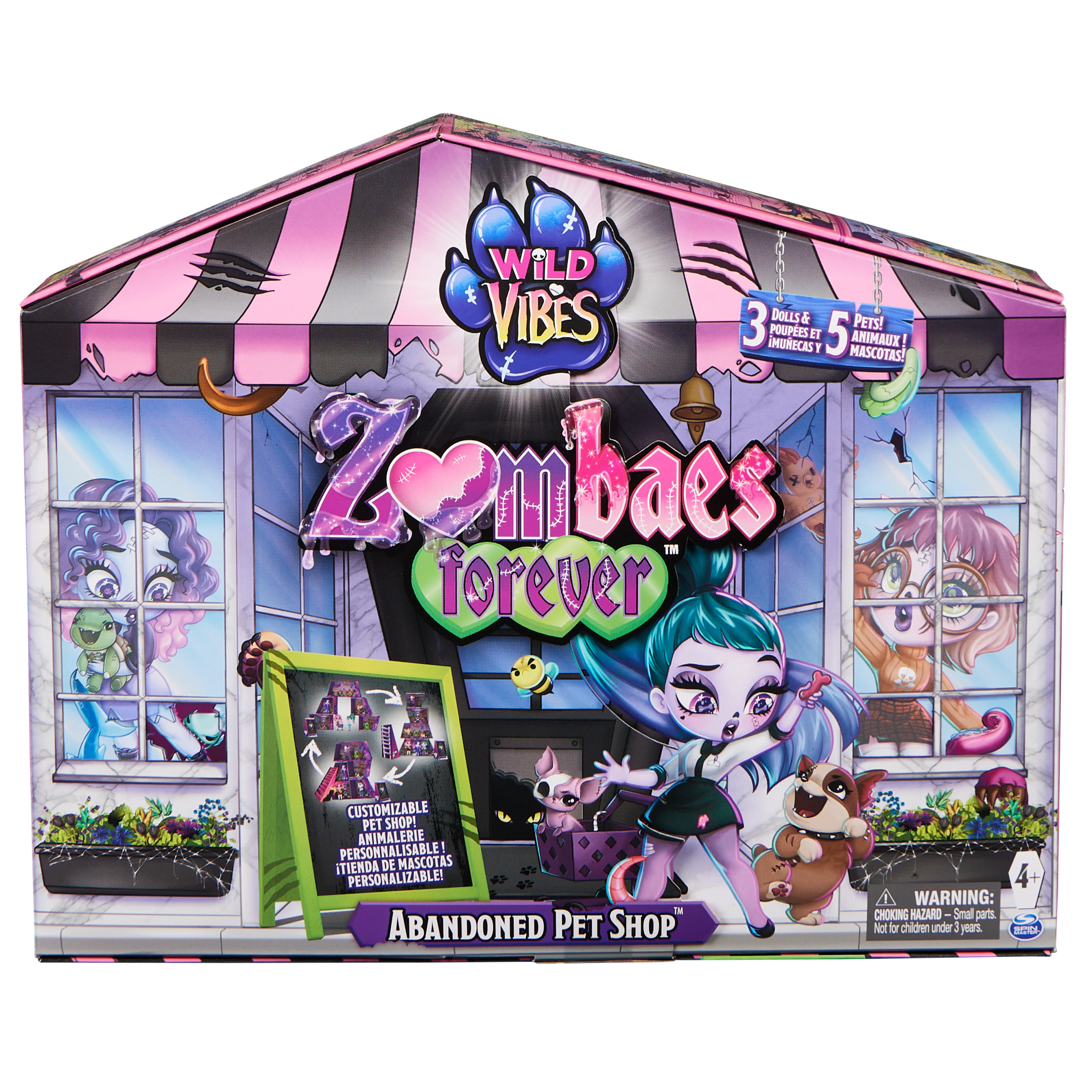 Paquete de muñecas: Una tienda de juguetes con un letrero de 'Zombaes forever', y muñecas y zombis en exhibición.