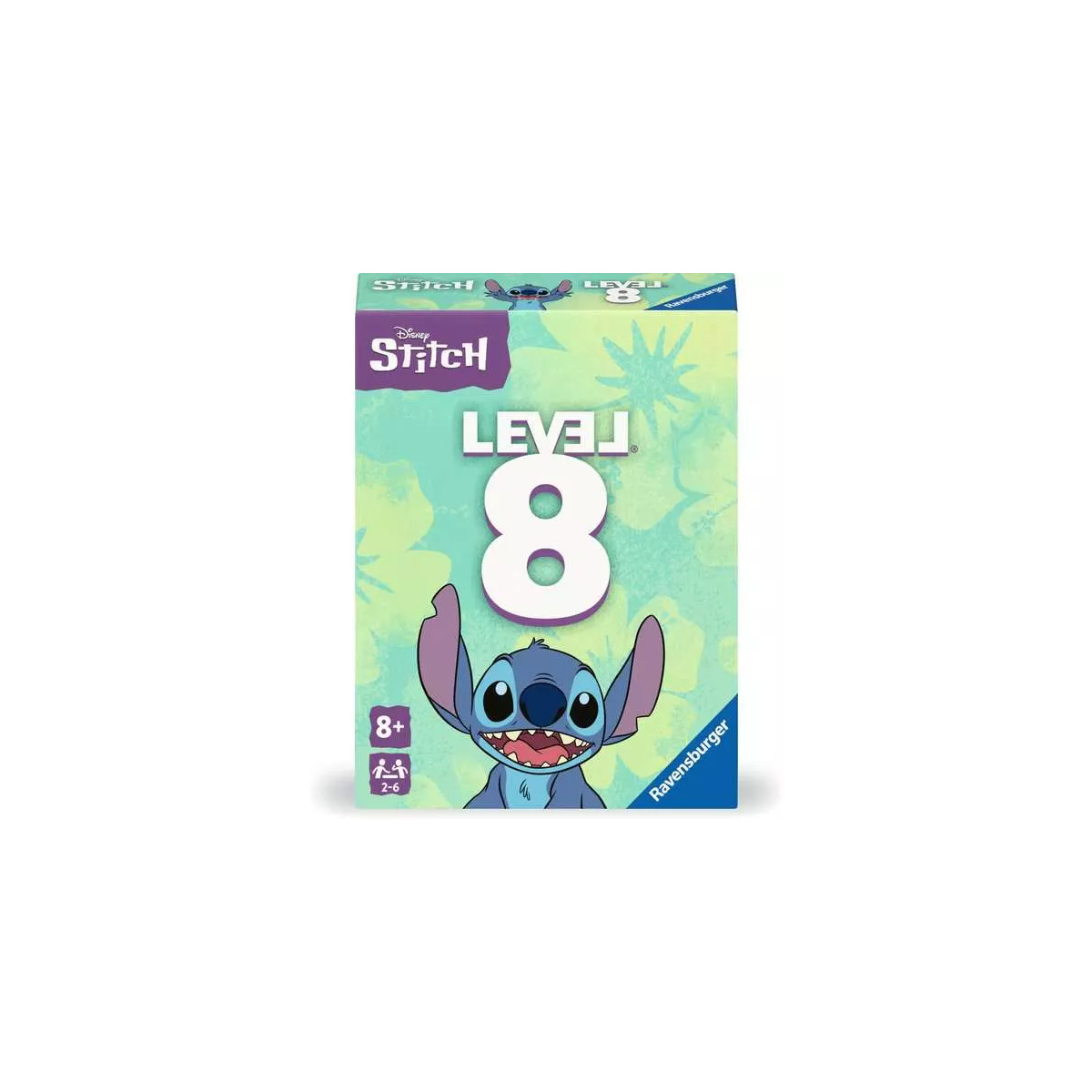 Boîte de jeu de société Disney Stitch Level 8, avec Stitch et un fond coloré.