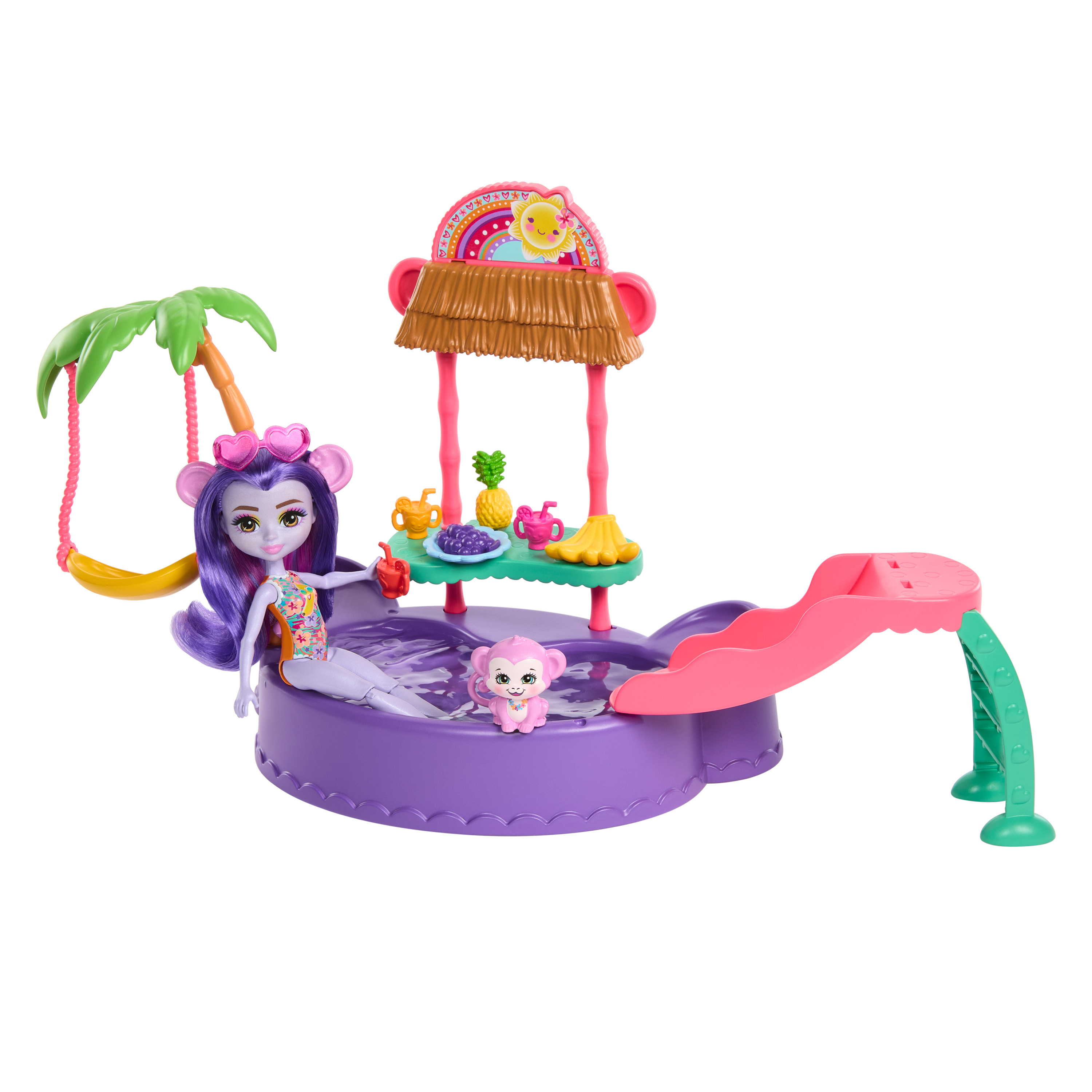 Un juego de juguetes con un área de piscina con temática de monos con un tobogán y una muñeca.