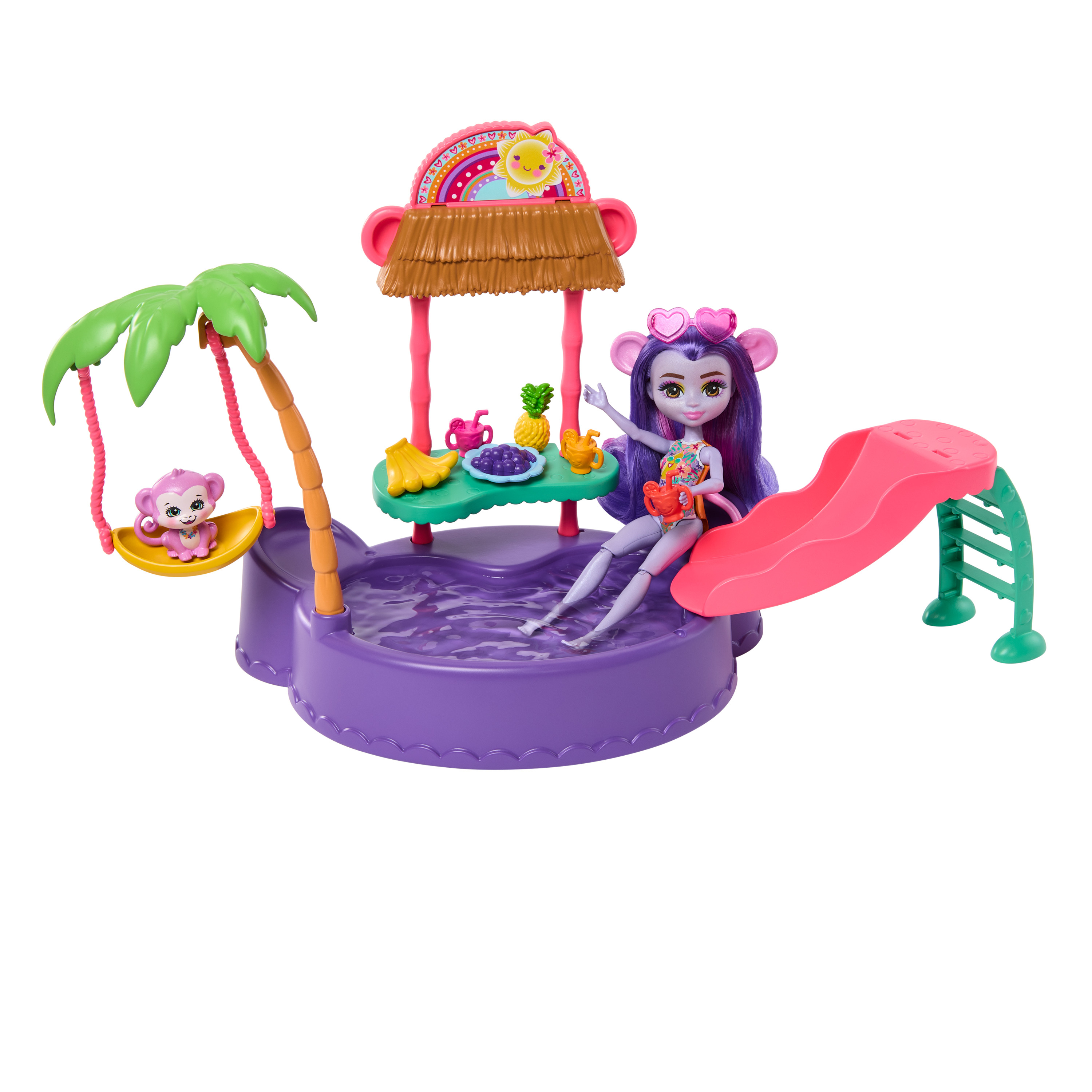 Un juego de muñecas de monos en una piscina con columpio, tobogán y cabaña tiki.