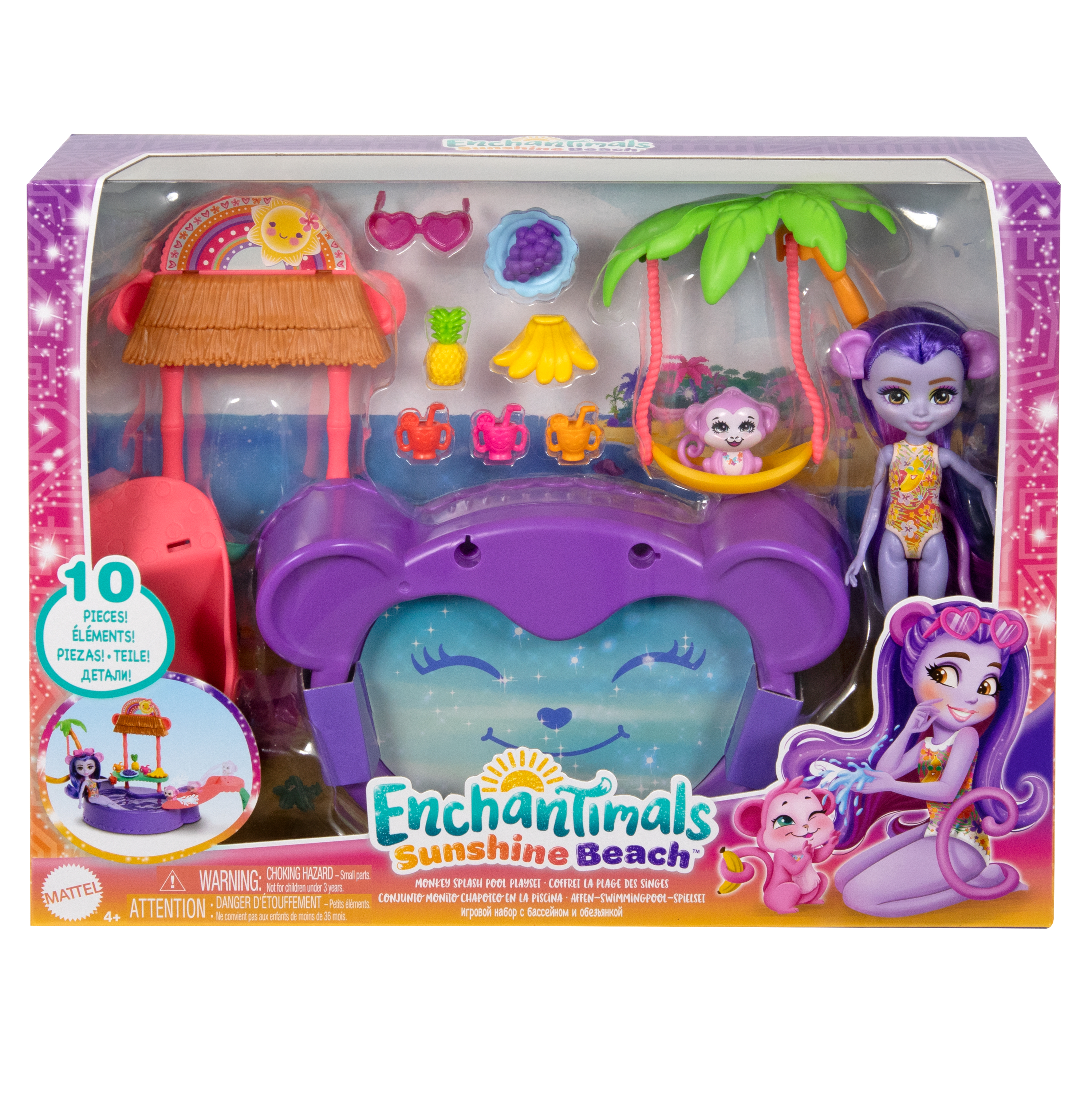 Una caja de juguetes que muestra un juego temático de monos con piscina, tobogán y muñeca.