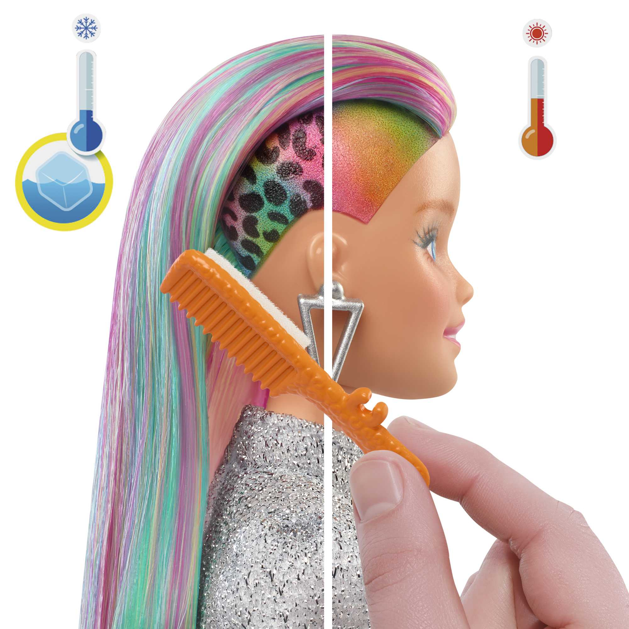 Eine Puppe mit farbwechselndem Haar, einem Kamm und einem Thermometer-Symbol.