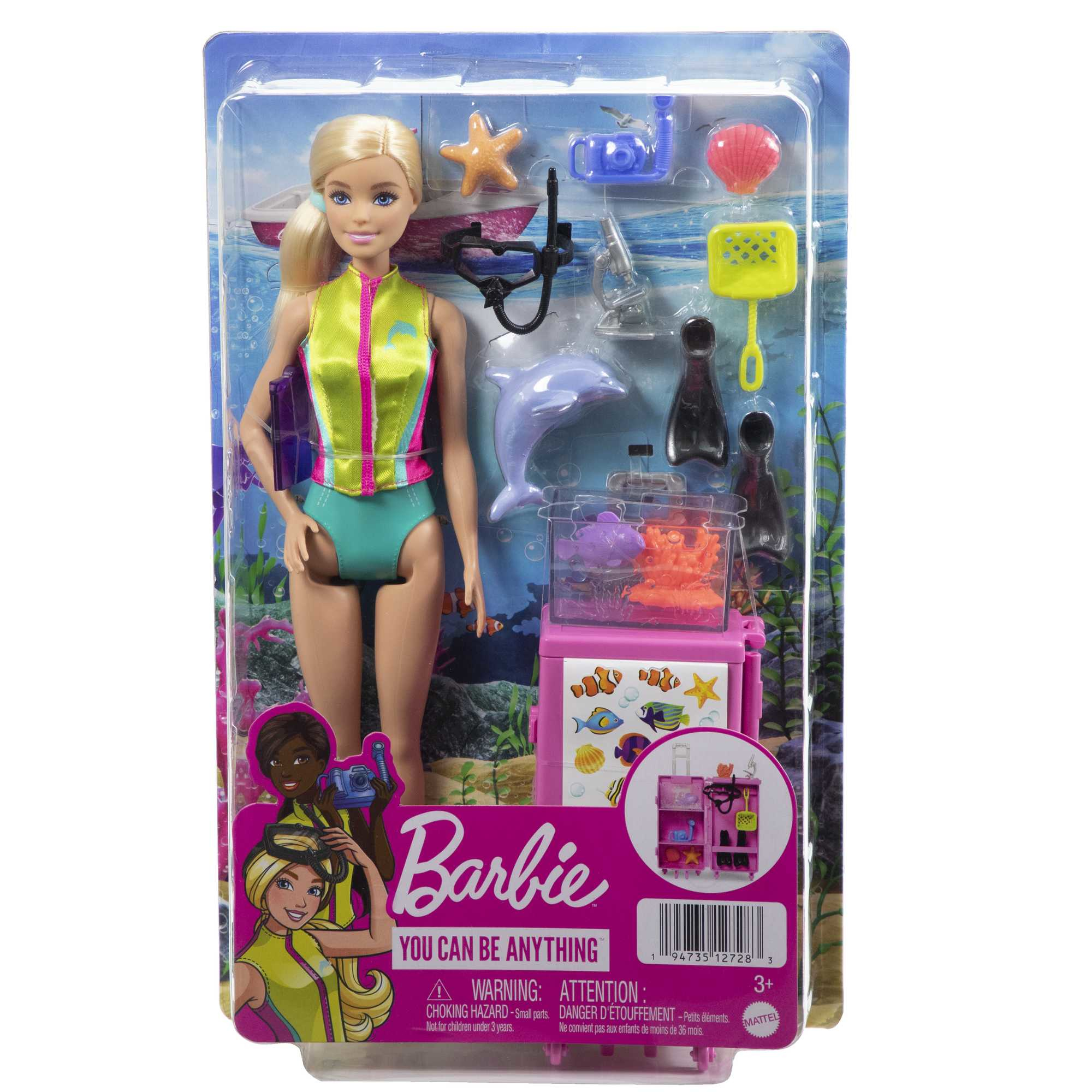 Lalka Barbie w stroju kąpielowym ze sprzętem do nurkowania i akcesoriami w opakowaniu.