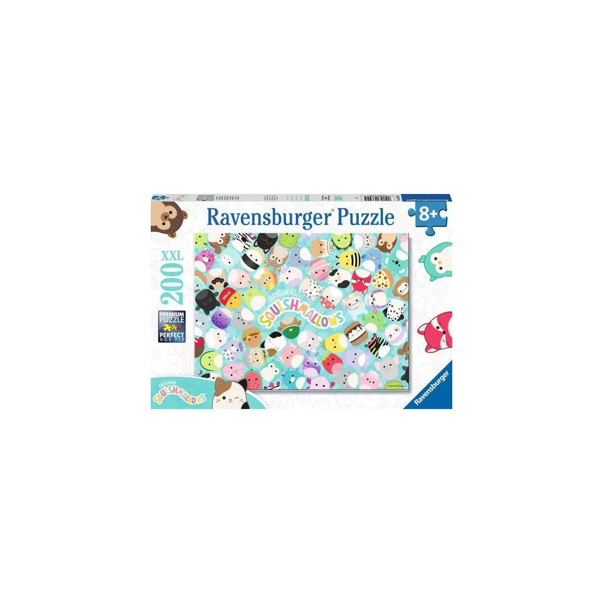 Pudełko z puzzlami z kolorowym obrazem postaci Squishmallows. Na pudełku napisano Puzzle Ravensburger.