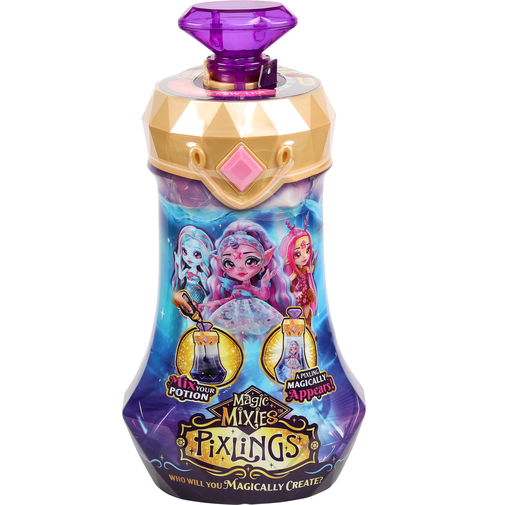 Butelka Mixies Pixlings z trzema lalkami. Butelka ma fioletową pokrywkę i złote akcenty.