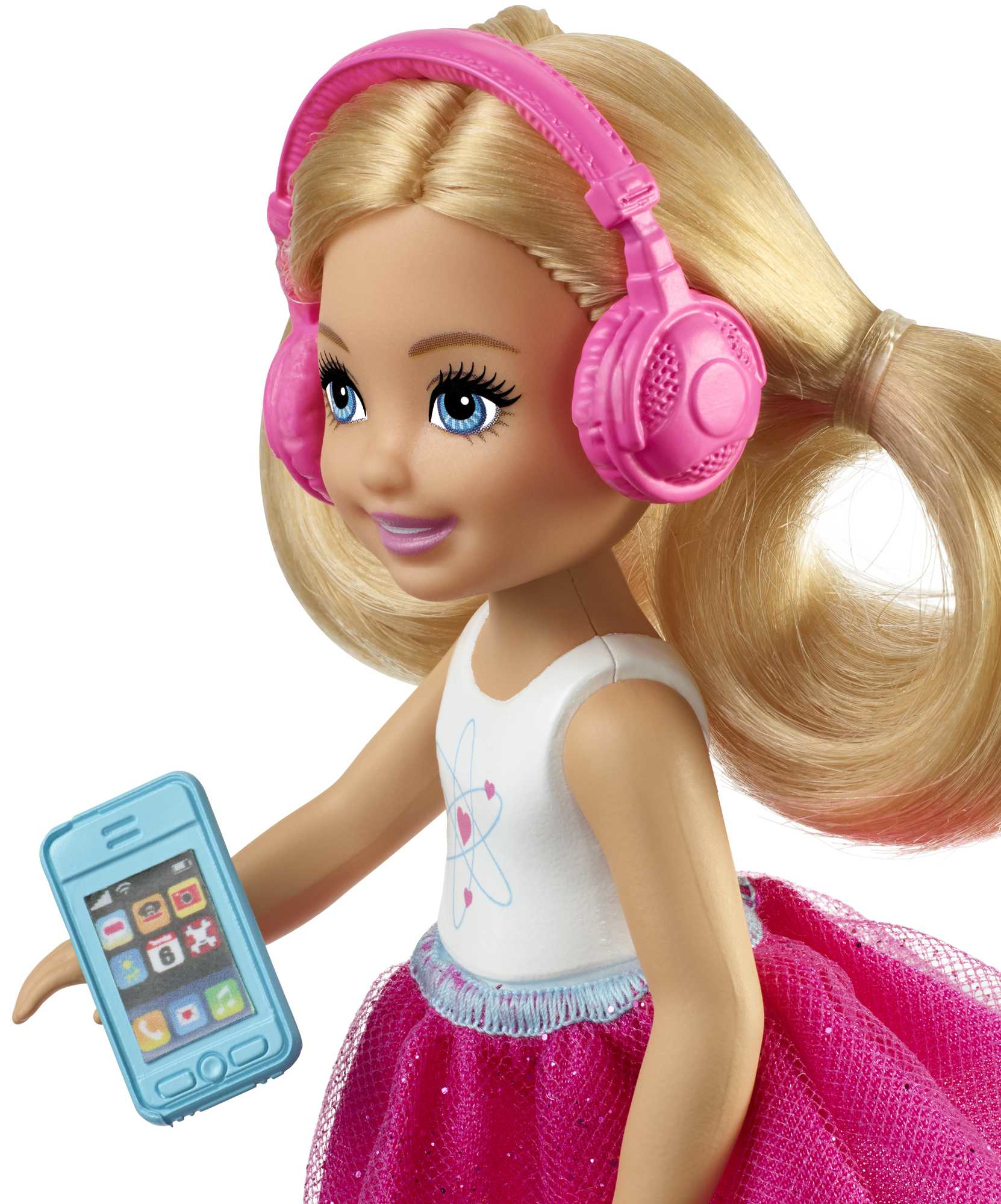 Lalka w słuchawkach i trzymająca smartfon, z różową tutu i białą koszulą.