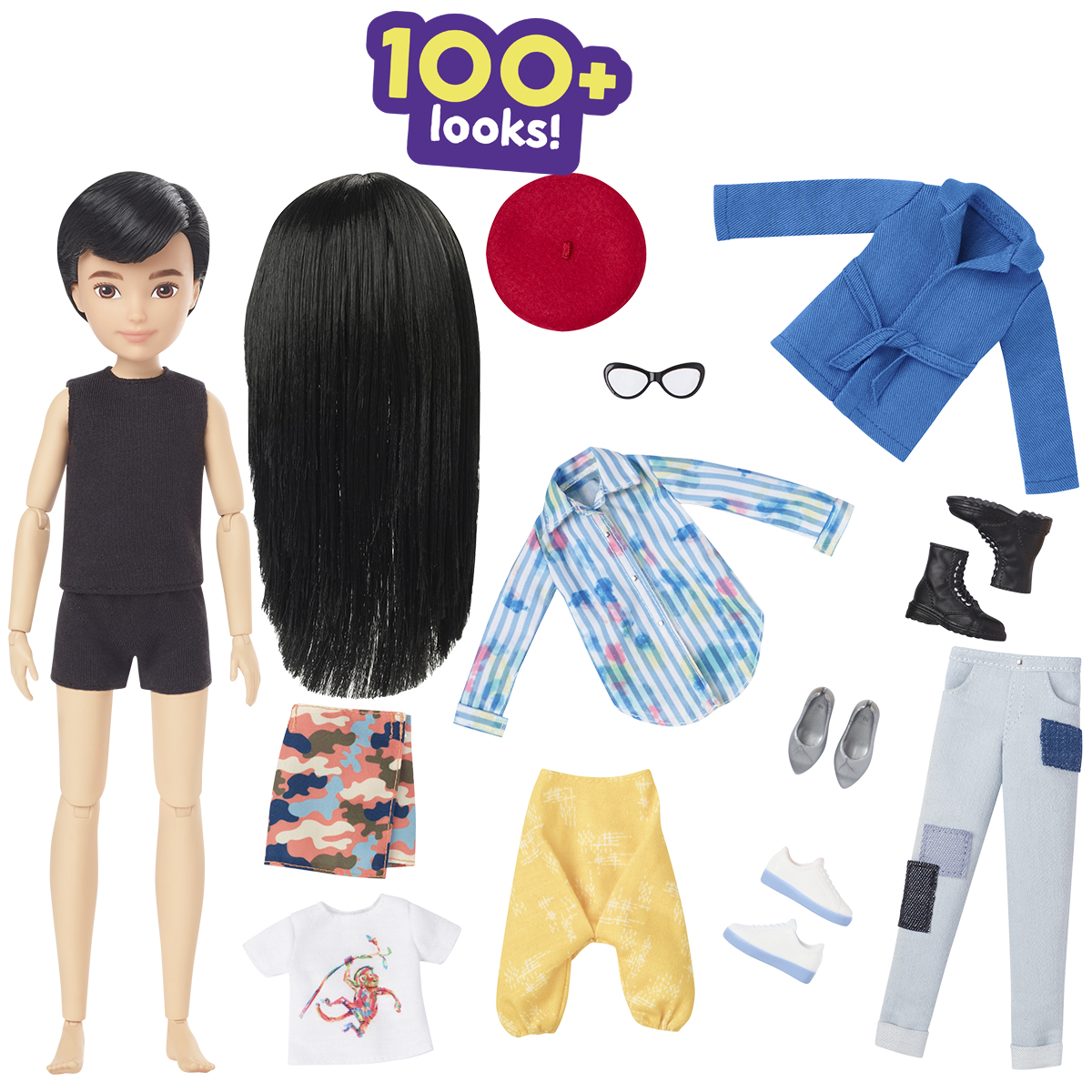 Eine Puppe mit vielen Outfits. Kleidung umfasst Jacke, Jeans, Hemd, Schuhe, Baskenmütze und Shorts.