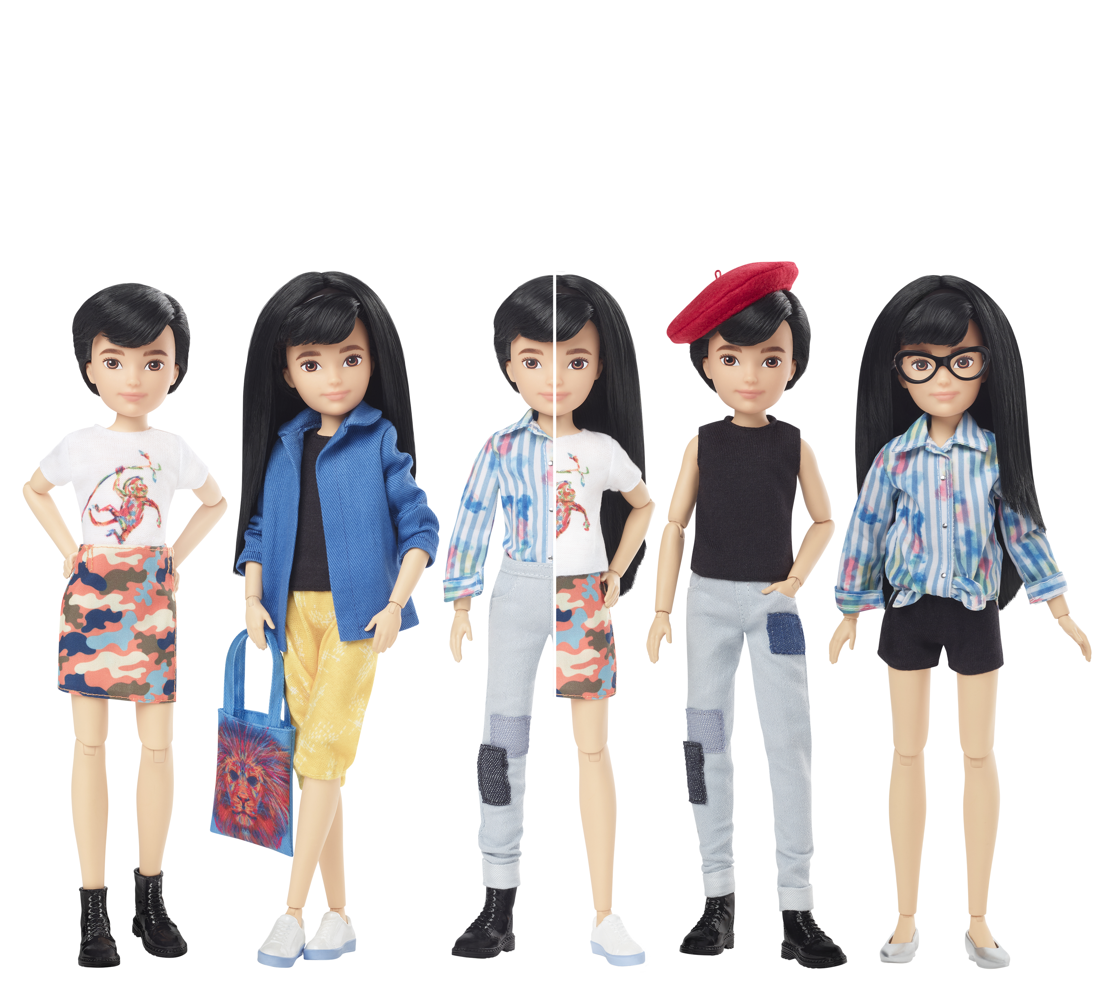 Fünf Puppen mit verschiedenen Outfits. Die Outfits beinhalten Baskenmütze, Brille, Shorts und mehrere Hemden.