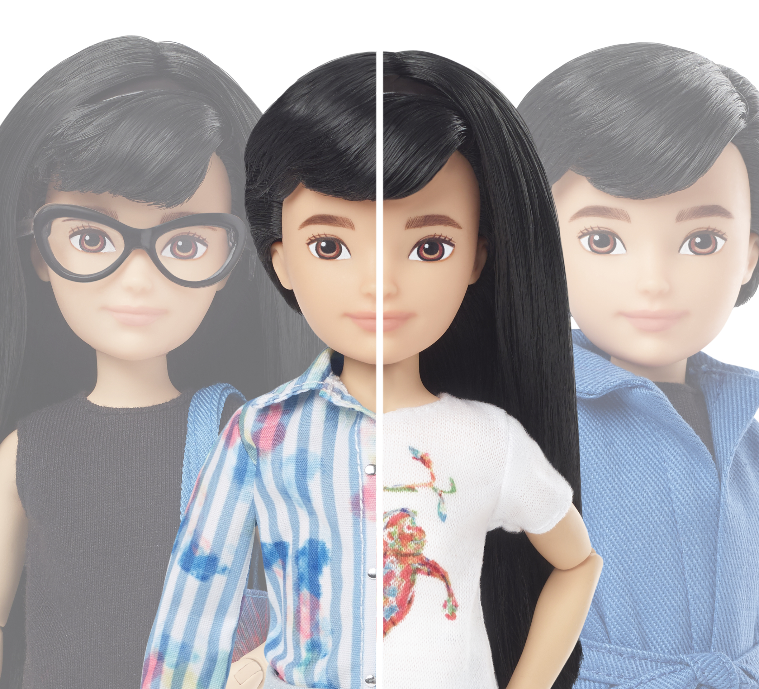 Eine Puppe mit drei Gesichtern. Eines mit Brille, eines mit langen Haaren und eines mit kurzen Haaren in verschiedenen Outfits.
