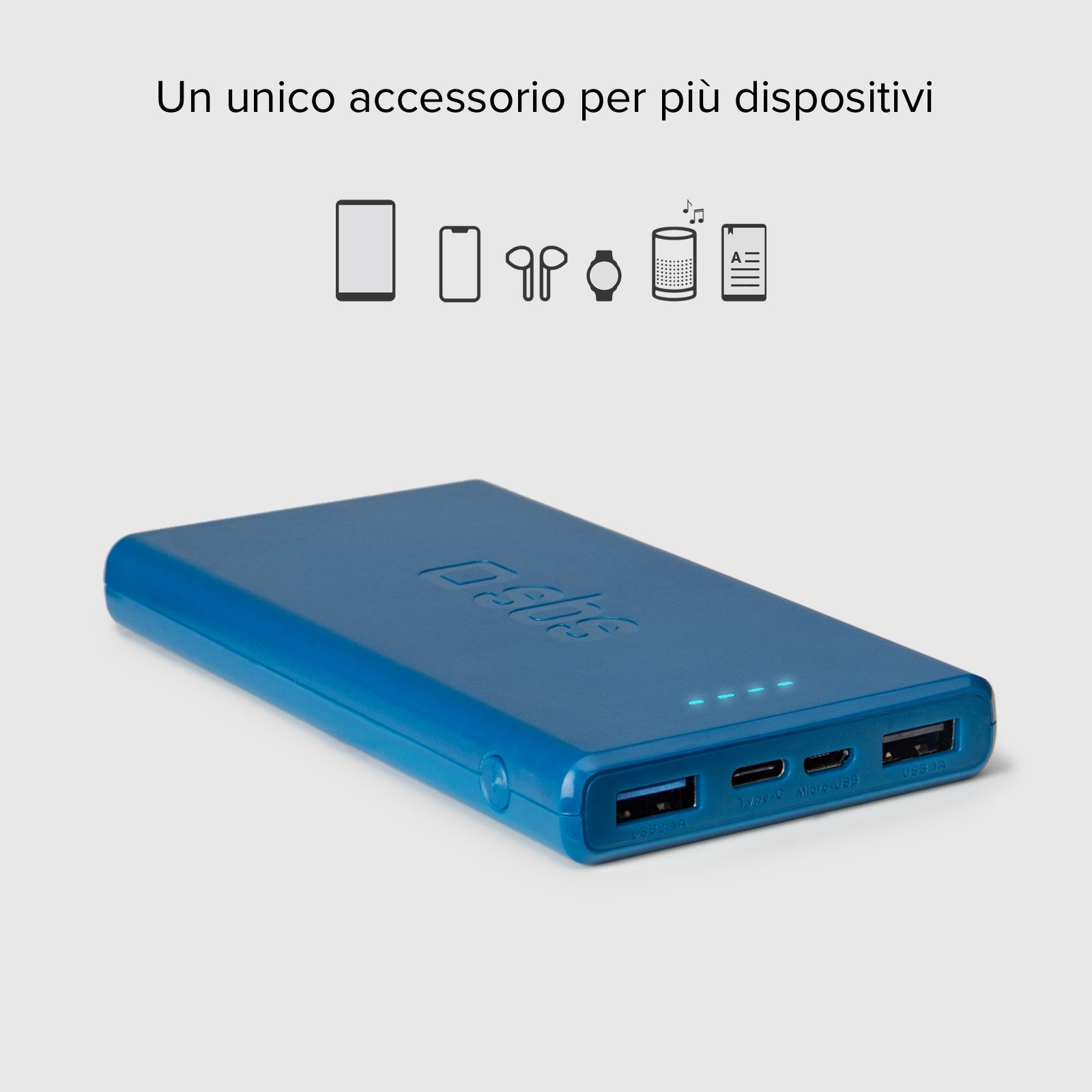 Un power bank blu con la scritta 'sbs'. Mostra icone di dispositivi: telefono, orologio, cuffie e musica.