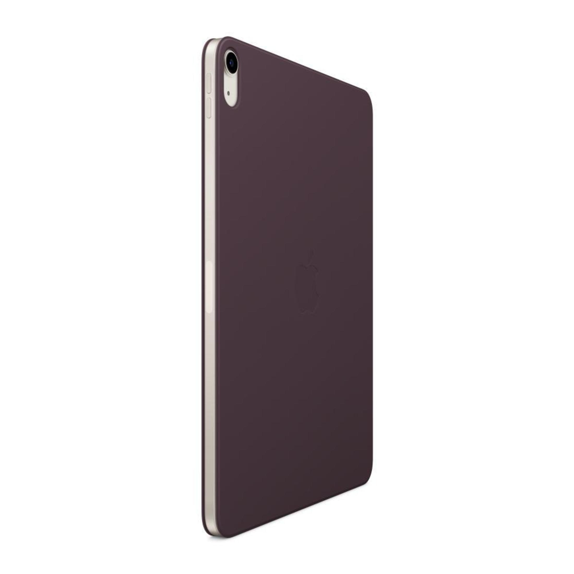 Ein lila iPad befindet sich in einem Gehäuse und zeigt das Apple-Logo. Der Hintergrund ist weiß.