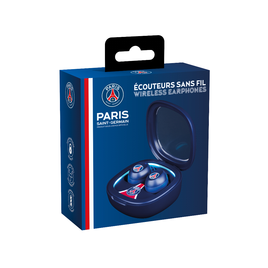 Ohrhörer in einer Box. Die Box ist blau und hat das Paris Saint-Germain Logo und Text. Weißer Hintergrund.