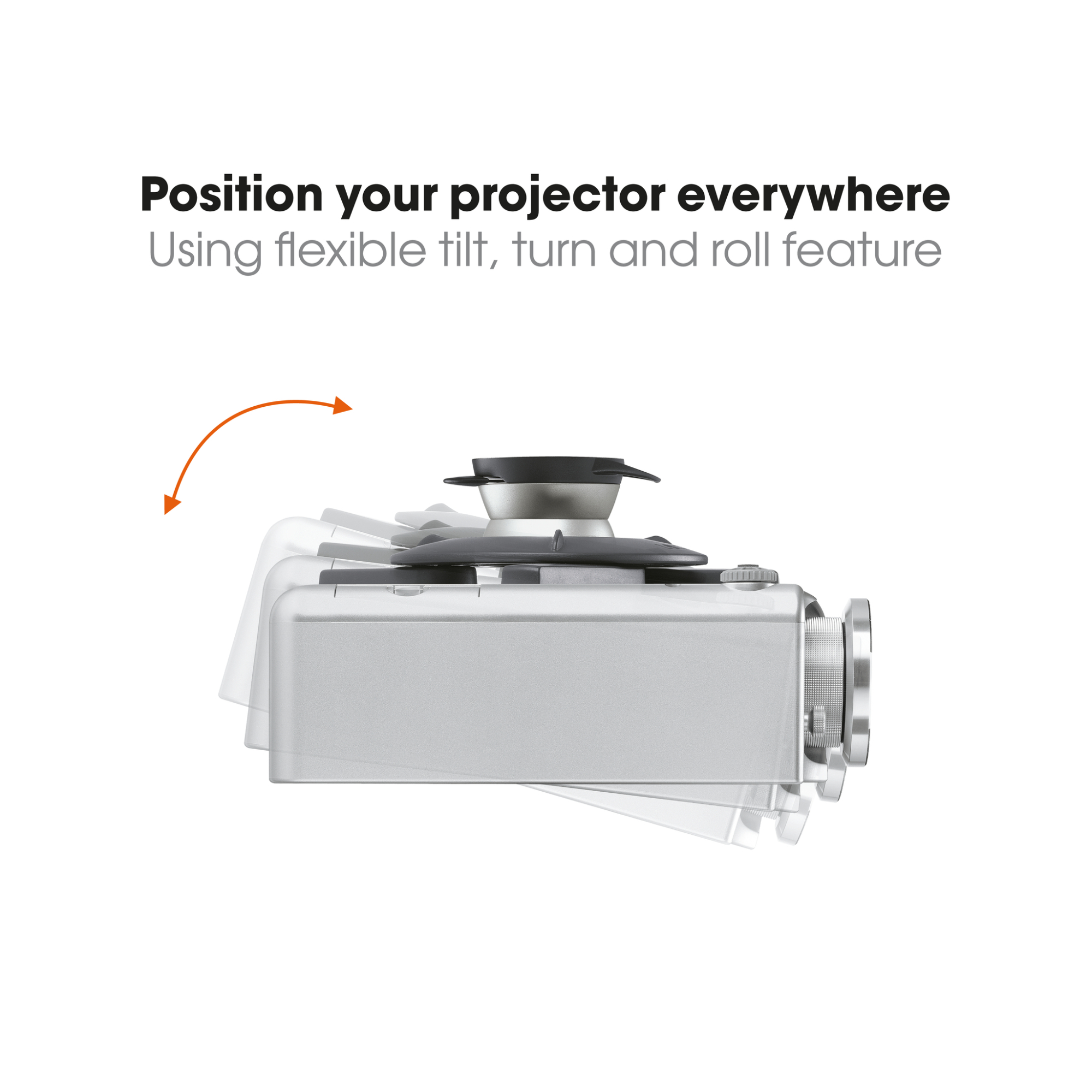 Projektor z funkcją pochylania i obracania, pokazujący różne kąty. Tekst: Ustaw swój projektor wszędzie.