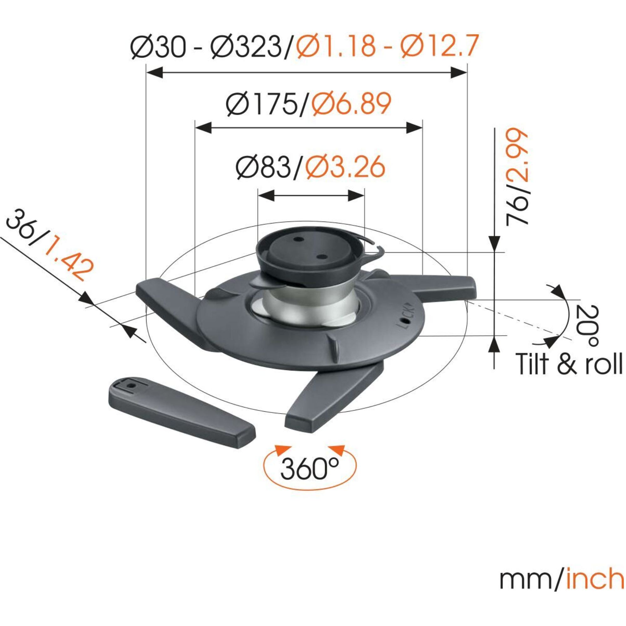 Rysunek techniczny uchwytu projektora z wymiarami, kątami i pomiarami w mm/calach.