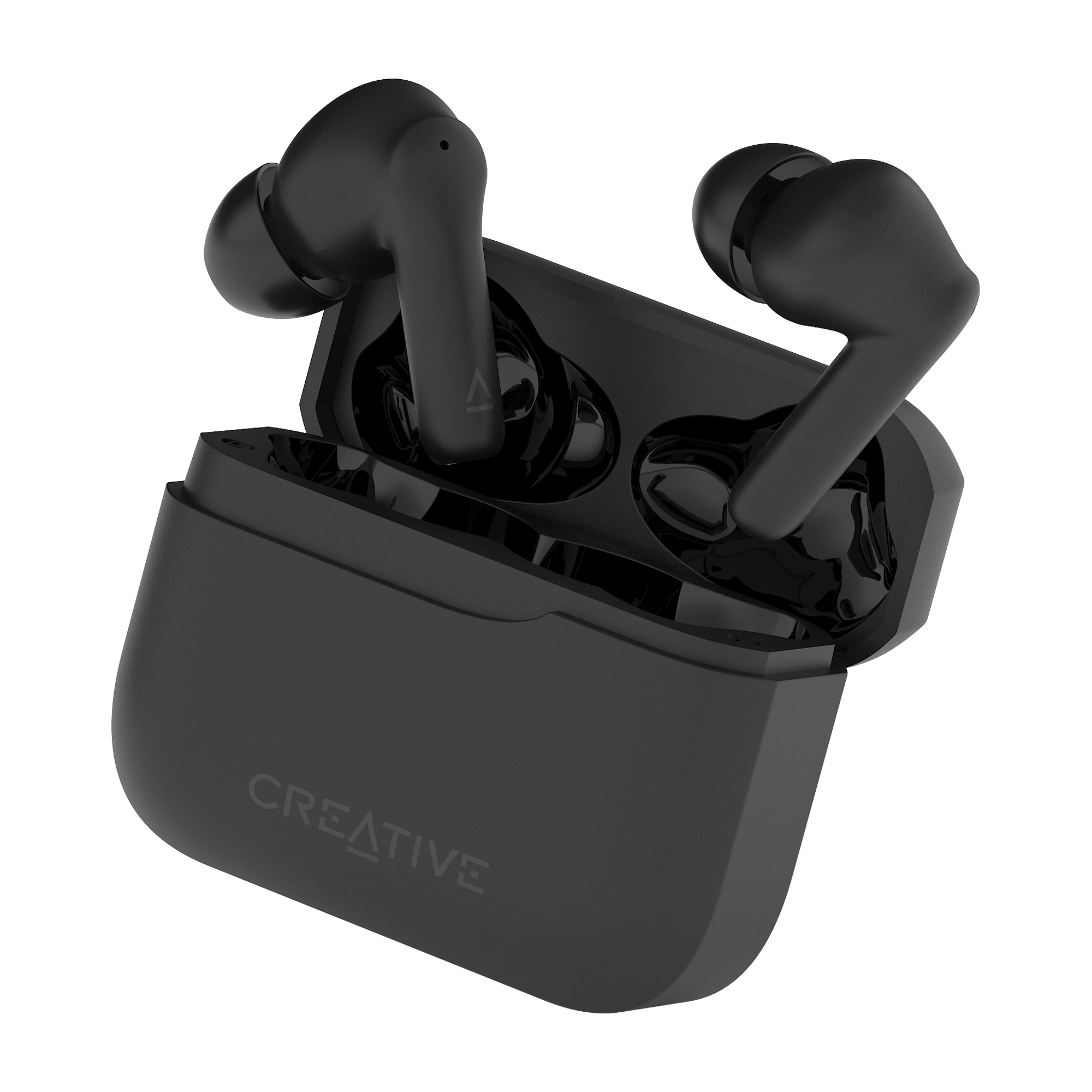 Auricolari wireless neri in una custodia di ricarica nera. Gli auricolari sono all'interno della custodia.