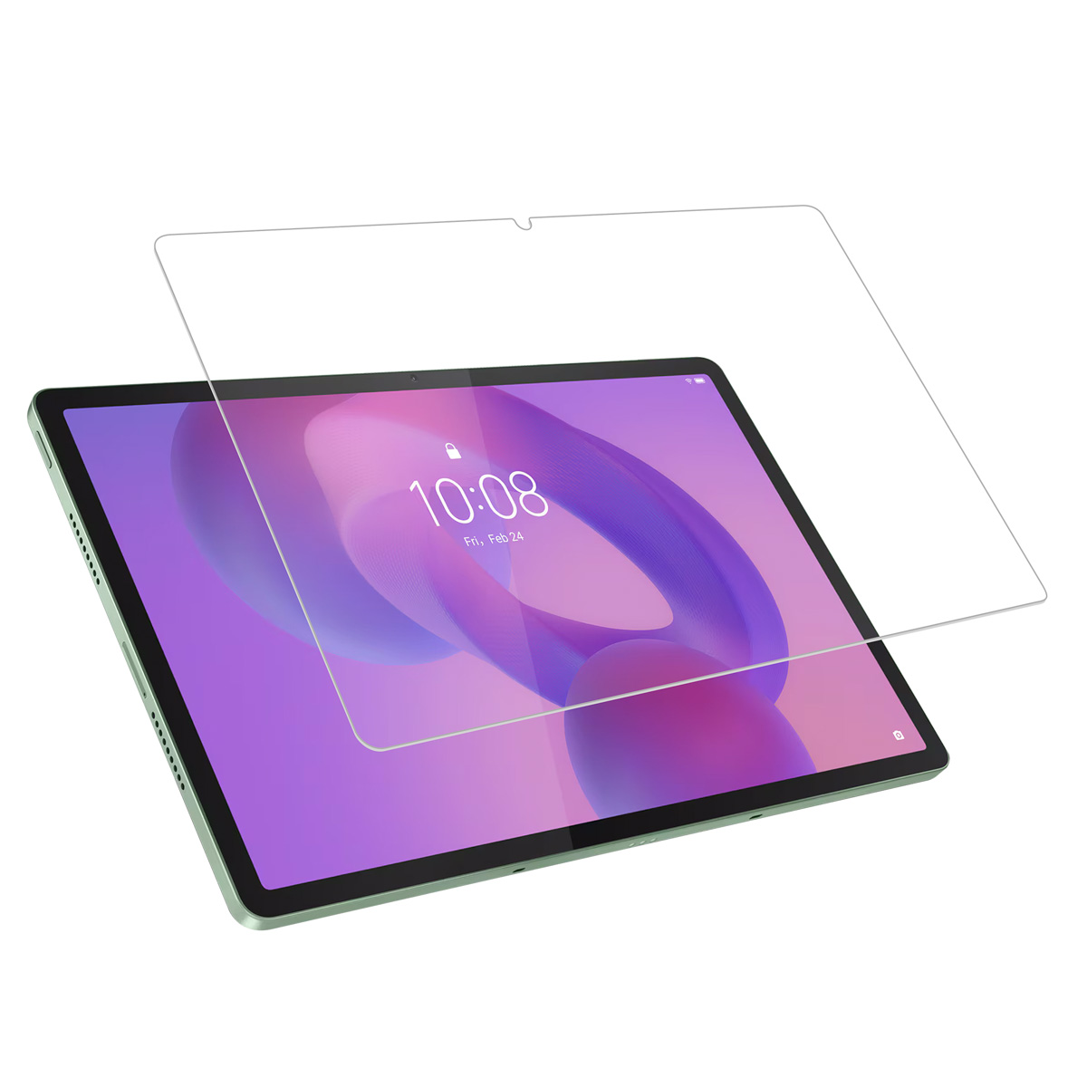 Tablet with screen protector, showing time 10:08. Green tablet and protector.
