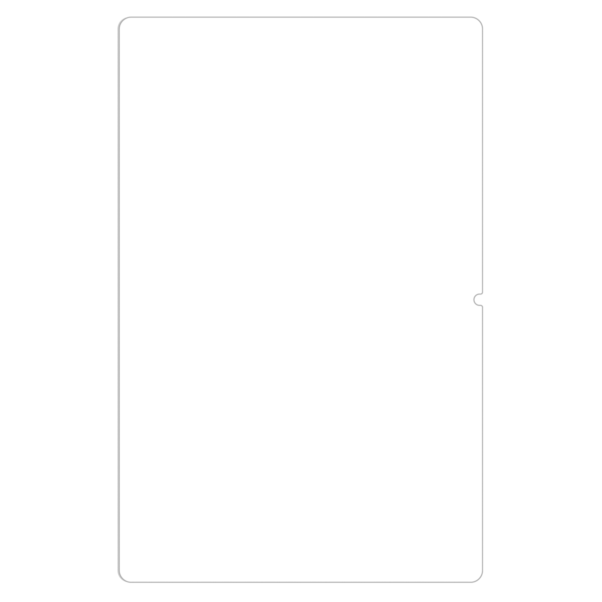 Clear glass screen protector. Rectangular shape with a cutout at top right.