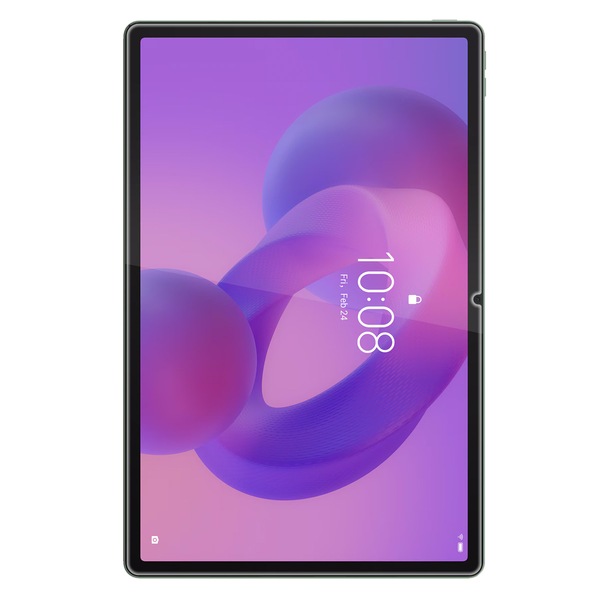 Tablet with green frame, purple screen shows time, and flowing purple design.