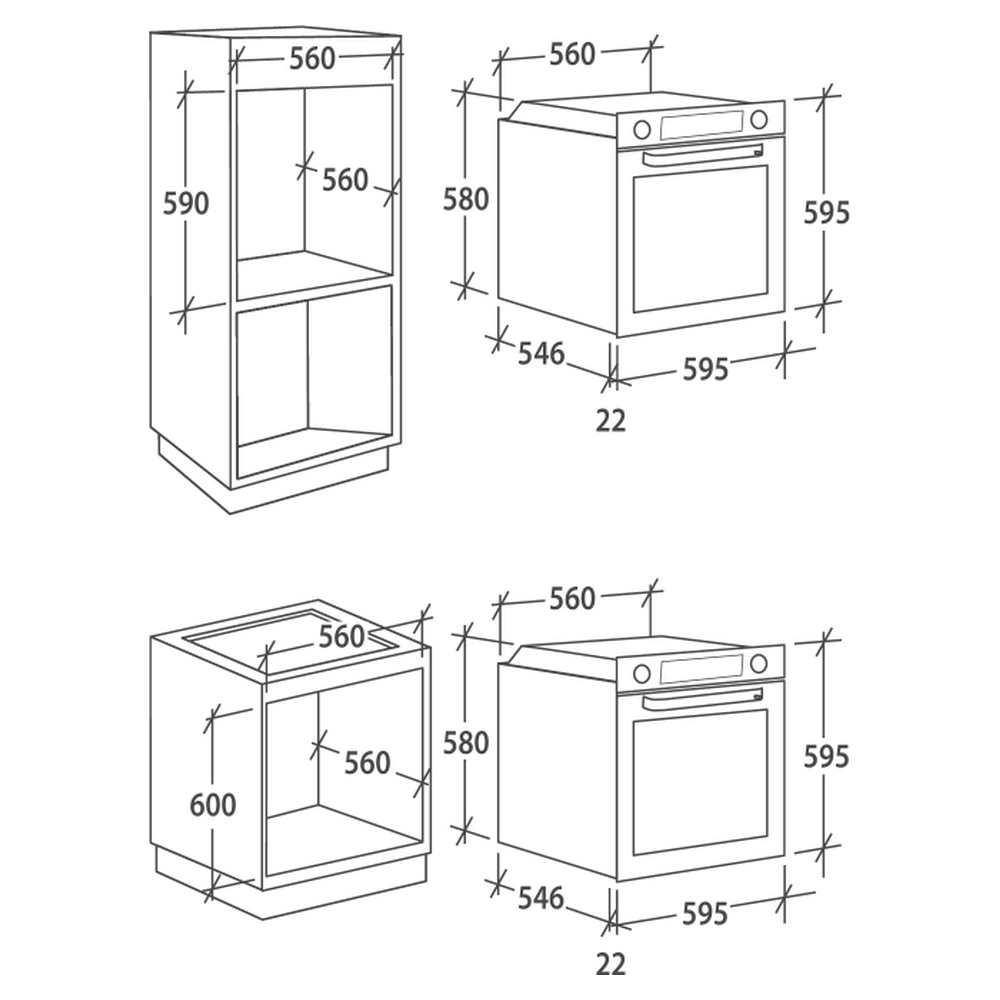 Disegni tecnici di elementi da cucina a incasso, inclusi forni e armadi.