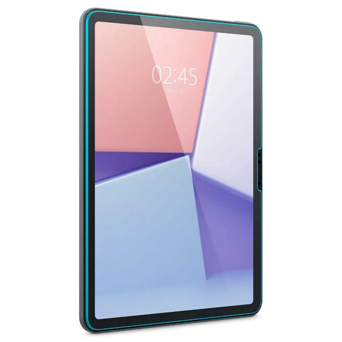 Tablette avec cadre noir, écran affiche un design géométrique avec l'heure.