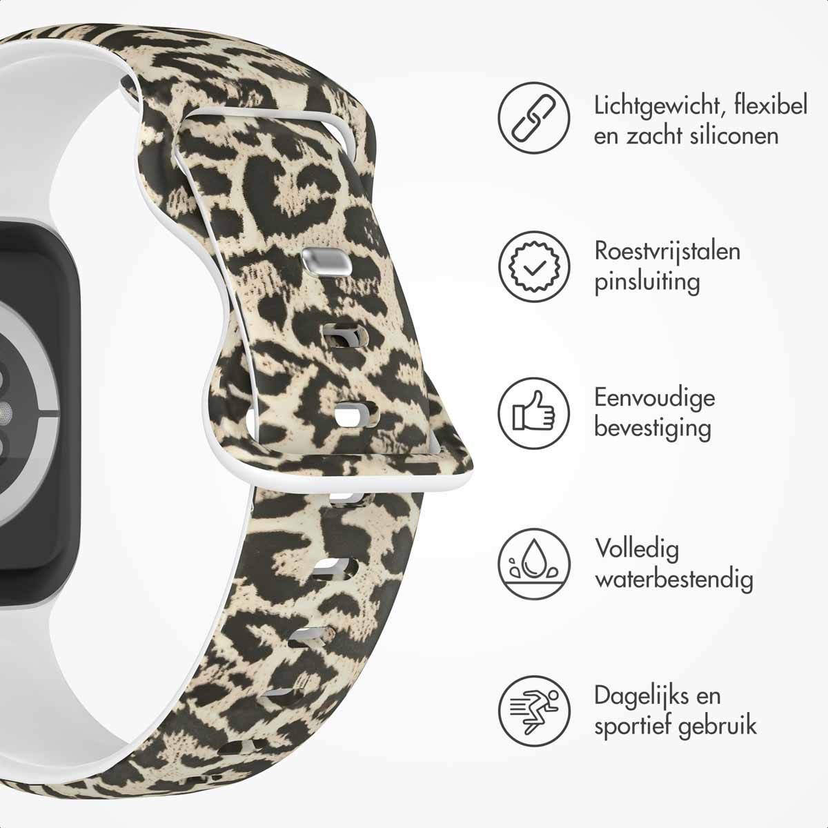 Leopard print watch band, white accents, and icons indicating features.