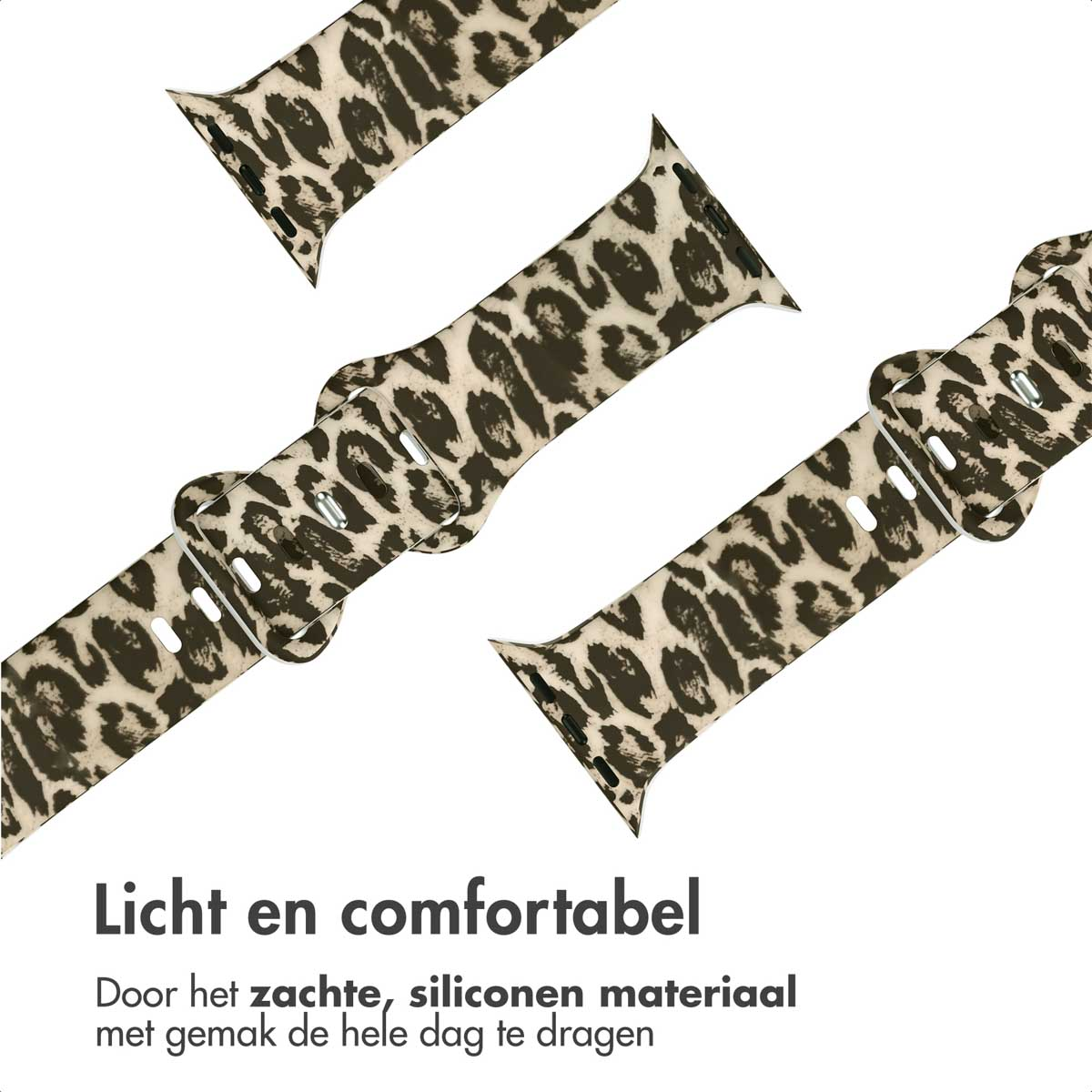 Close-up of three leopard print smartwatch bands. The bands are made of soft silicone material.