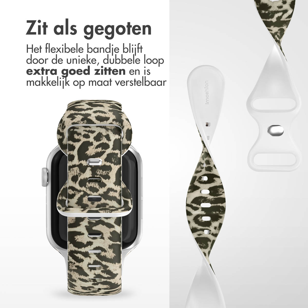 Smartwatch with leopard print band, shown in detail. Band is flexible and easy to adjust.
