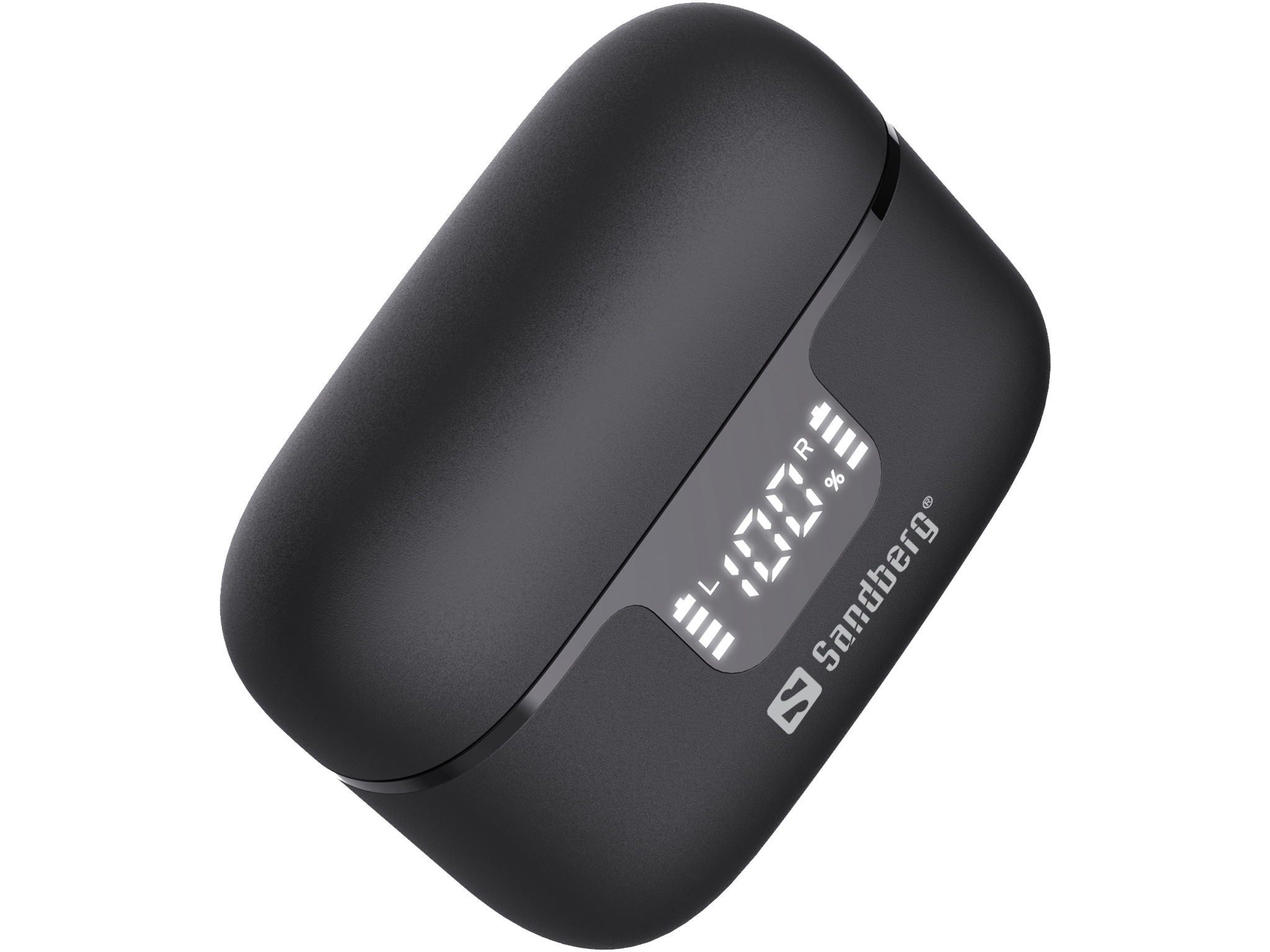 Czarne etui ładujące z wyświetlaczem pokazującym procent naładowania baterii. Logo Sandberg na dole.